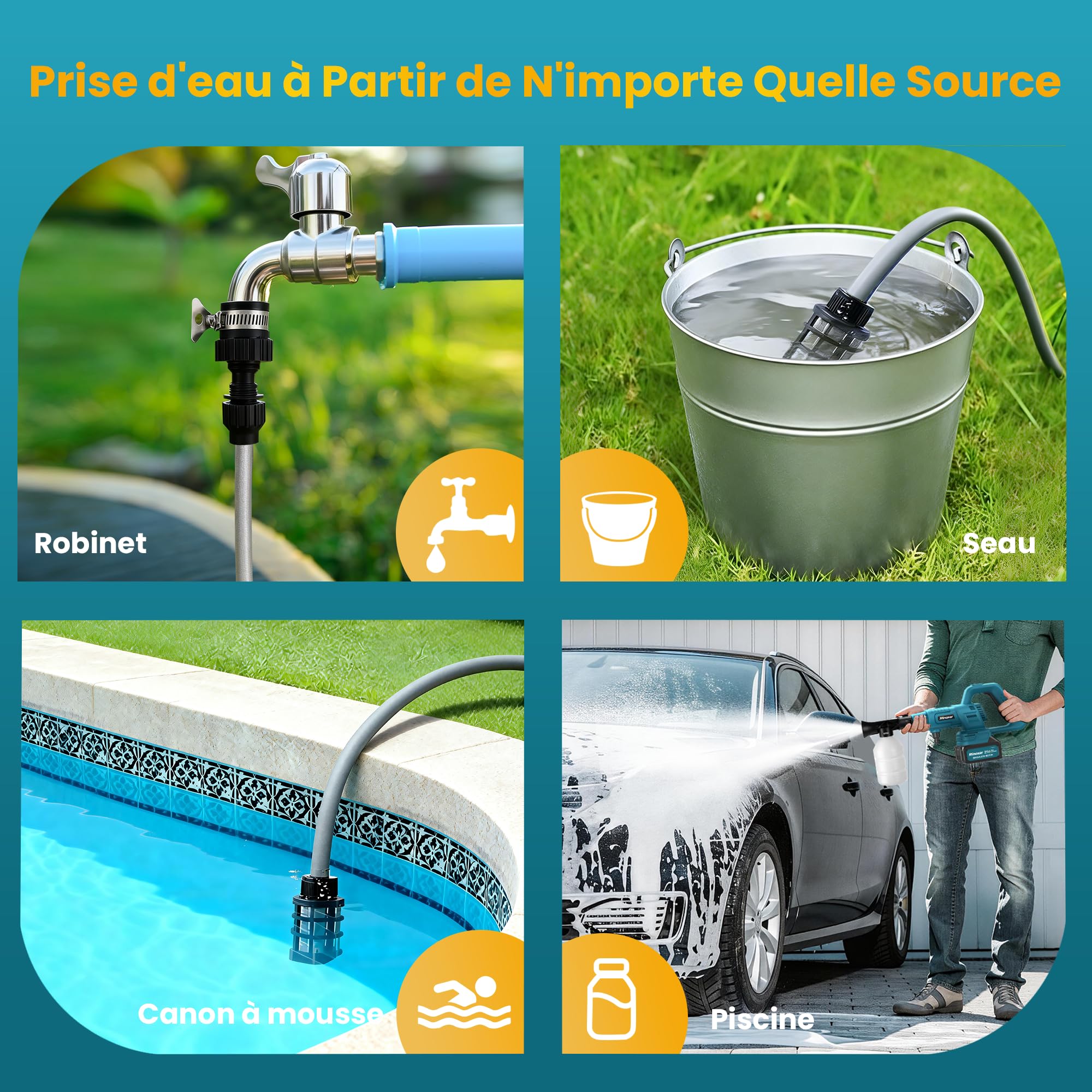 Nettoyeur Haute Pression sans Fil, Pistolet Nettoyeur Haute Pression Portable avec 2x4400mAh Batterie, Moteur sans Balais, 75 Bar, 7.5 L/Min, Buse Réglable 6 en 1, pour Voiture, Jardin, Terrasse