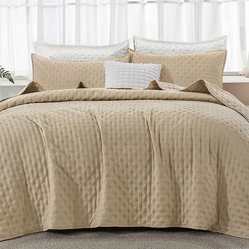 Miniatura 2 de Andency Juego de ropa de cama beige tamaño Queen (90 x 96 pulgadas), colcha de 3 piezas suave y ligera, edredón bohemio de verano tamaño Queen para