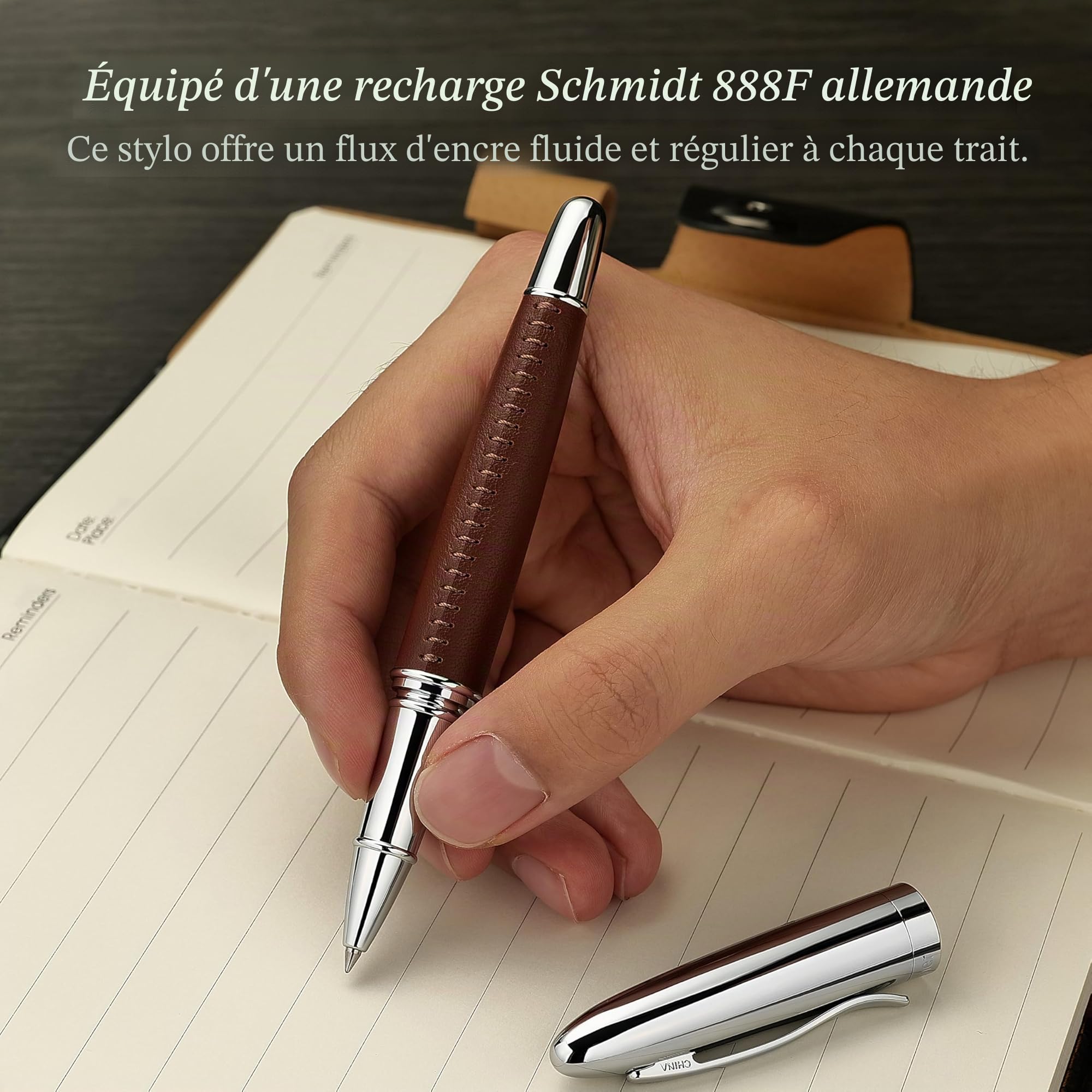 BEILUNER Stylo Cuir de Luxe 318, Cuir Premium Cousu Main, Finition Chromée, Recharge Schmidt, Meilleur Cadeau Rollerball Rechargeable pour Homme & Femme, Idéal pour l'Écriture Exécutive