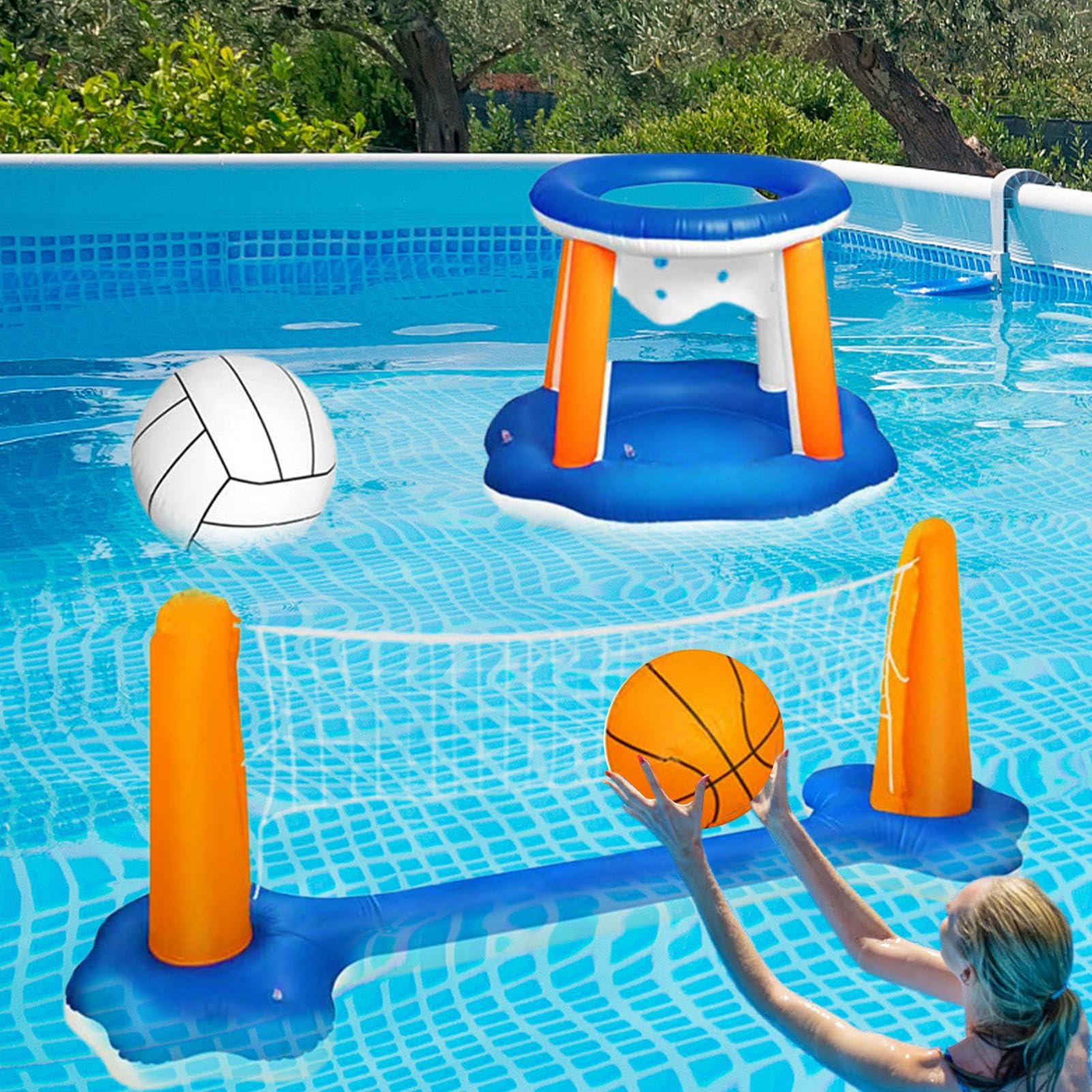 Ensemble de volleyball de piscine, jeu de jouets de jeu de baignade flottants, jouet à balle extérieure réglable, 28x28x9cm, filet réglable, facile à installer, parfait pour les adultes et la famille