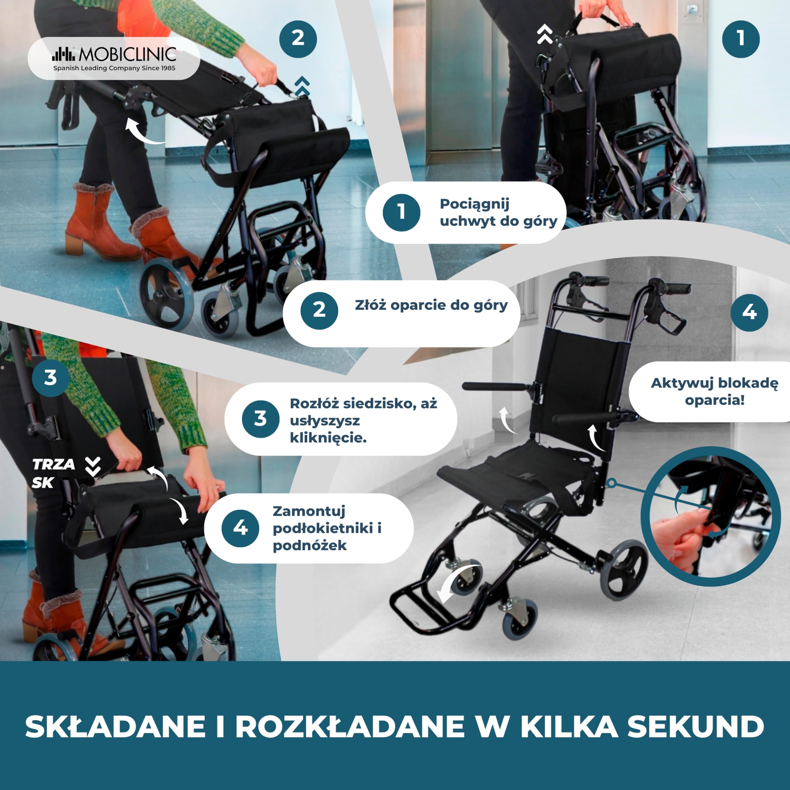 Wózek transportowy | Składany | Aluminium | Małe kółka | Hamulce na dźwigniach | Czarny | Saturn | Mobiclinic