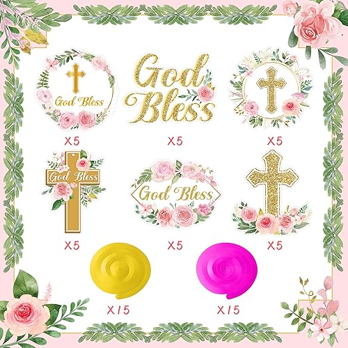 Miniatura 5 de ANGOLIO 30 piezas de decoración de remolinos colgantes de cruz floral rosa, decoración religiosa temática de baby shower, decoración colgante de