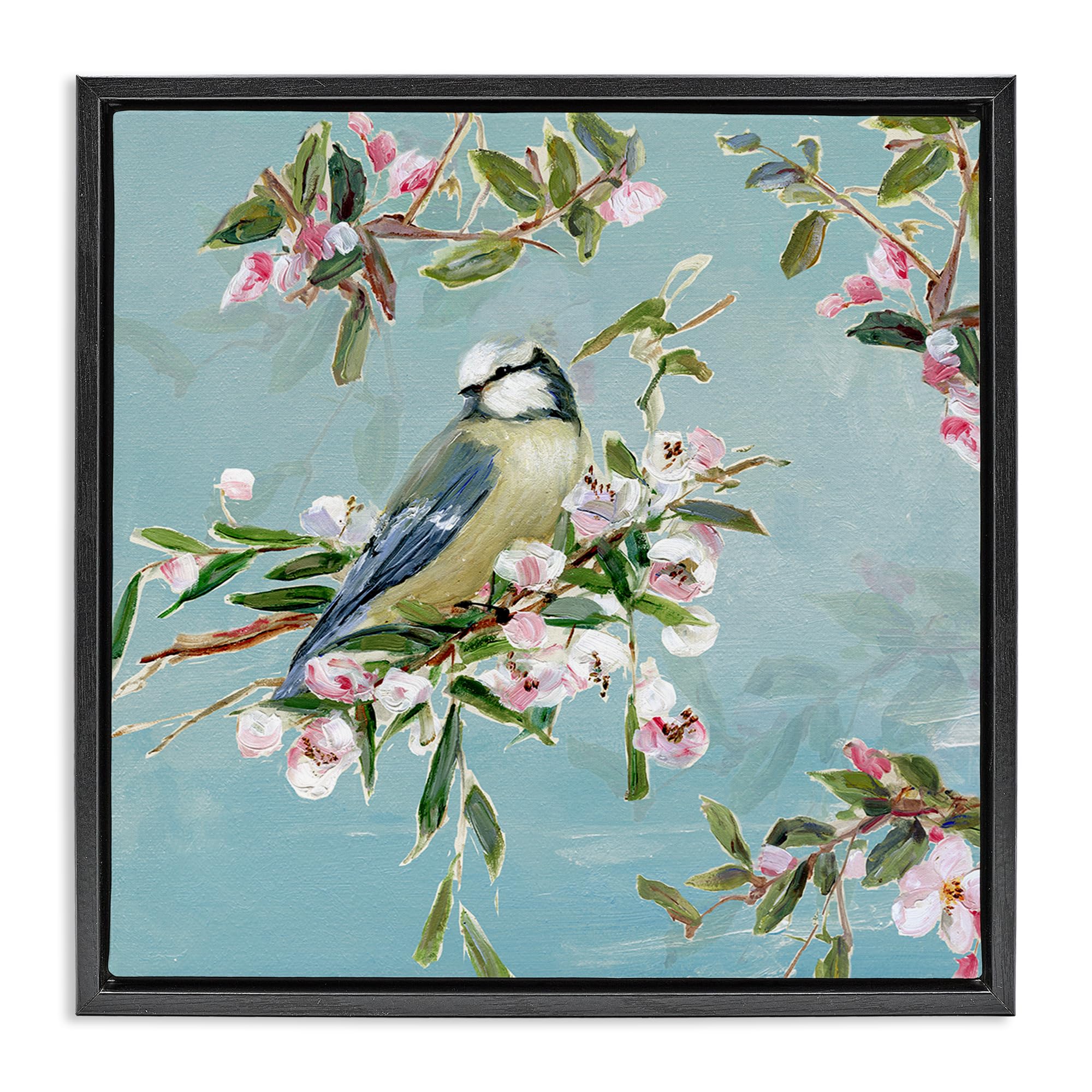 Stupell Industries Pastel Songbird On Blossoms 'Songbird Perched On Blooms', Floating Frame Canvas Art, Black, 18 X 18 Inches, Easy To Hang And Sturdy, Made In Usa, By Sally Swatland