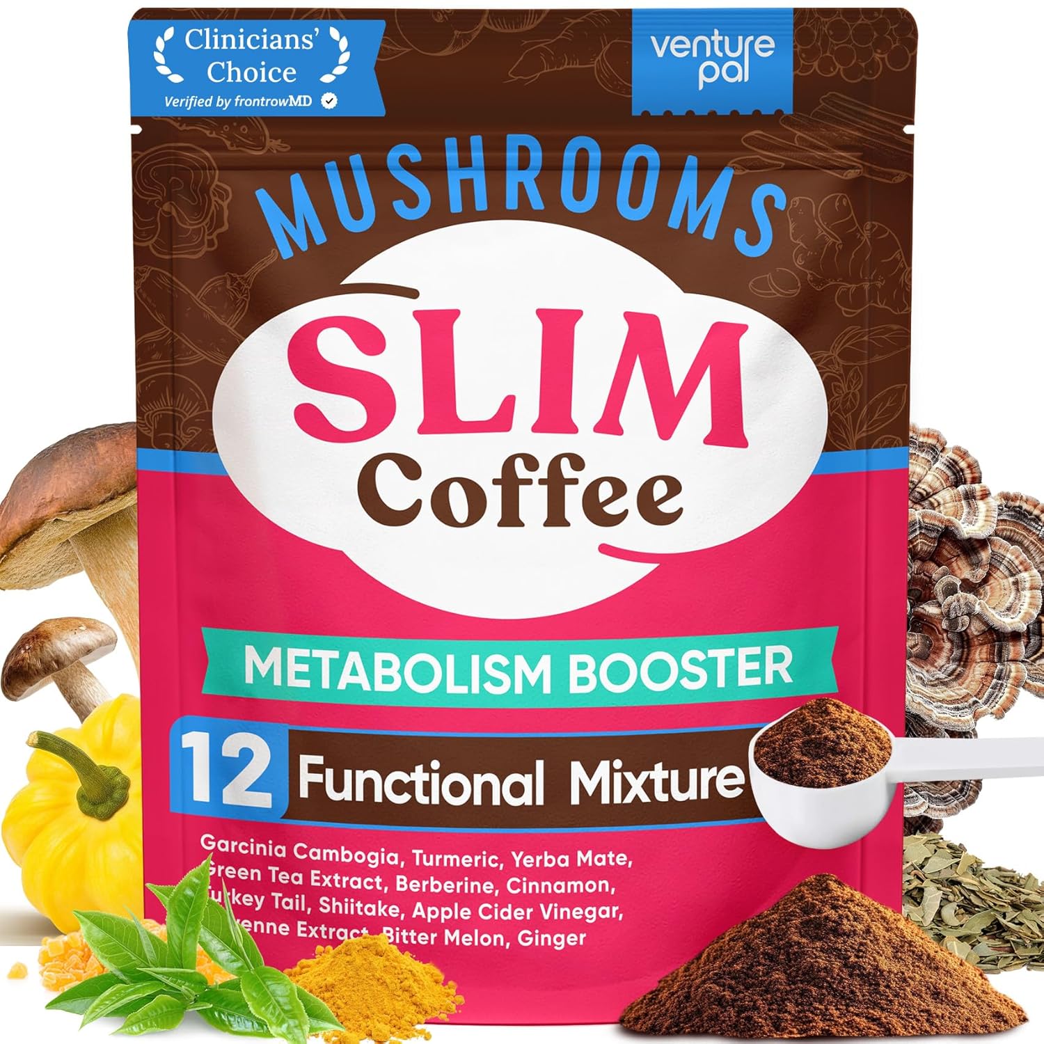 Venture Pal Slim Mushroom Coffee for Weight Loss,Instant Coffee with Berberine, Cinnamon, Yerba Mate,Turmeric, & More, 1800mg(10:1) Extract for Diet Support & Metabolism Boost – 40 Servings