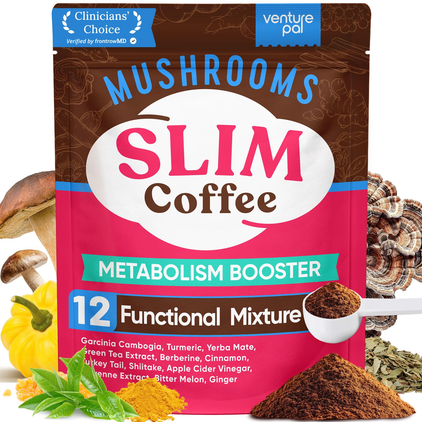 Venture Pal Slim Mushroom Coffee for Weight Loss, Instant Coffee with Berberine, Cinnamon, Yerba Mate, Turmeric, & More, 1800mg(10:1) Extract for Diet Support & Metabolism Boost - 40 Servings