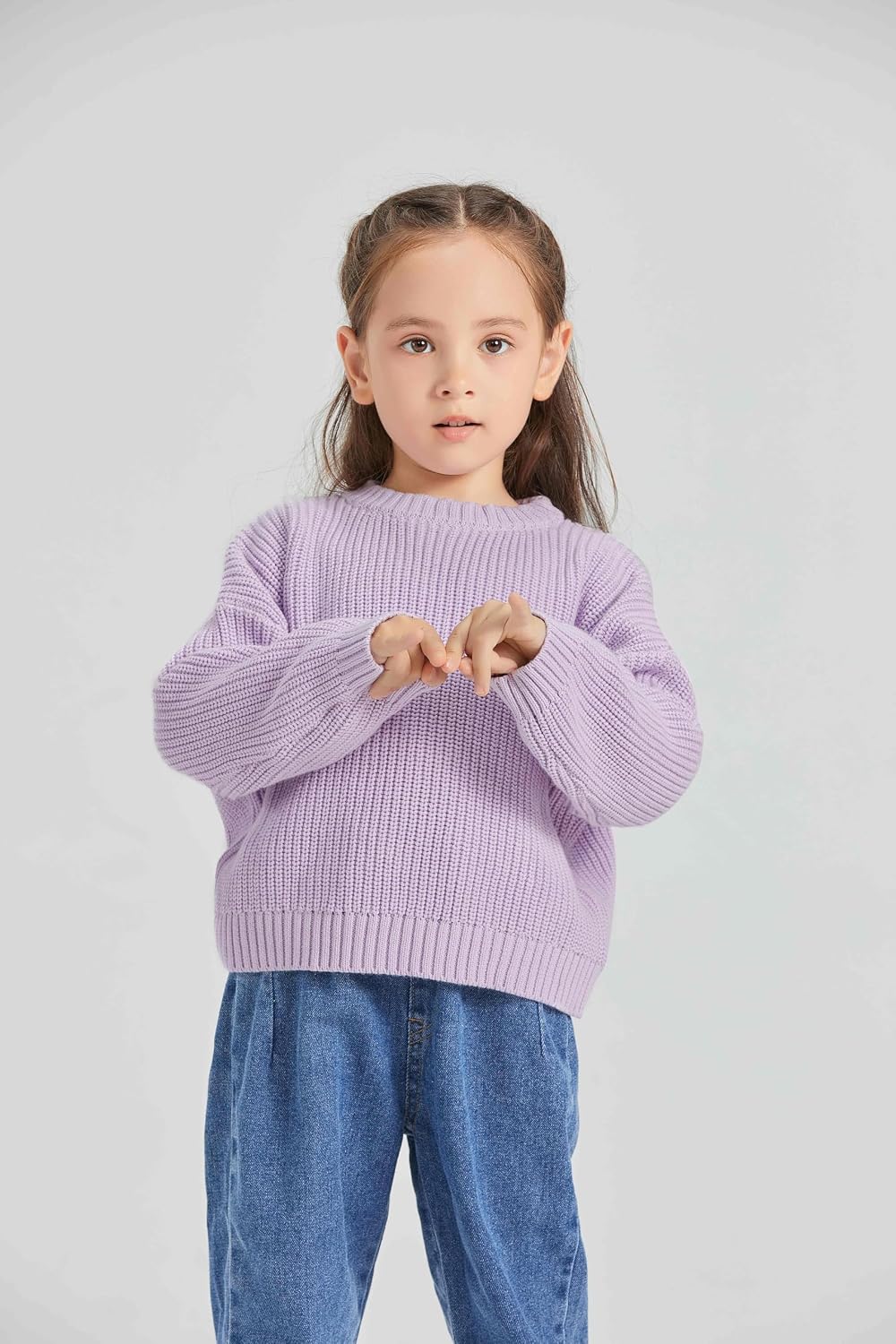 100% Cotton Chunky Kint Sweater Long Sleeve Pullover Drop Shoulder Sweaters Crewneck Solid Color for Infant Toddler Children