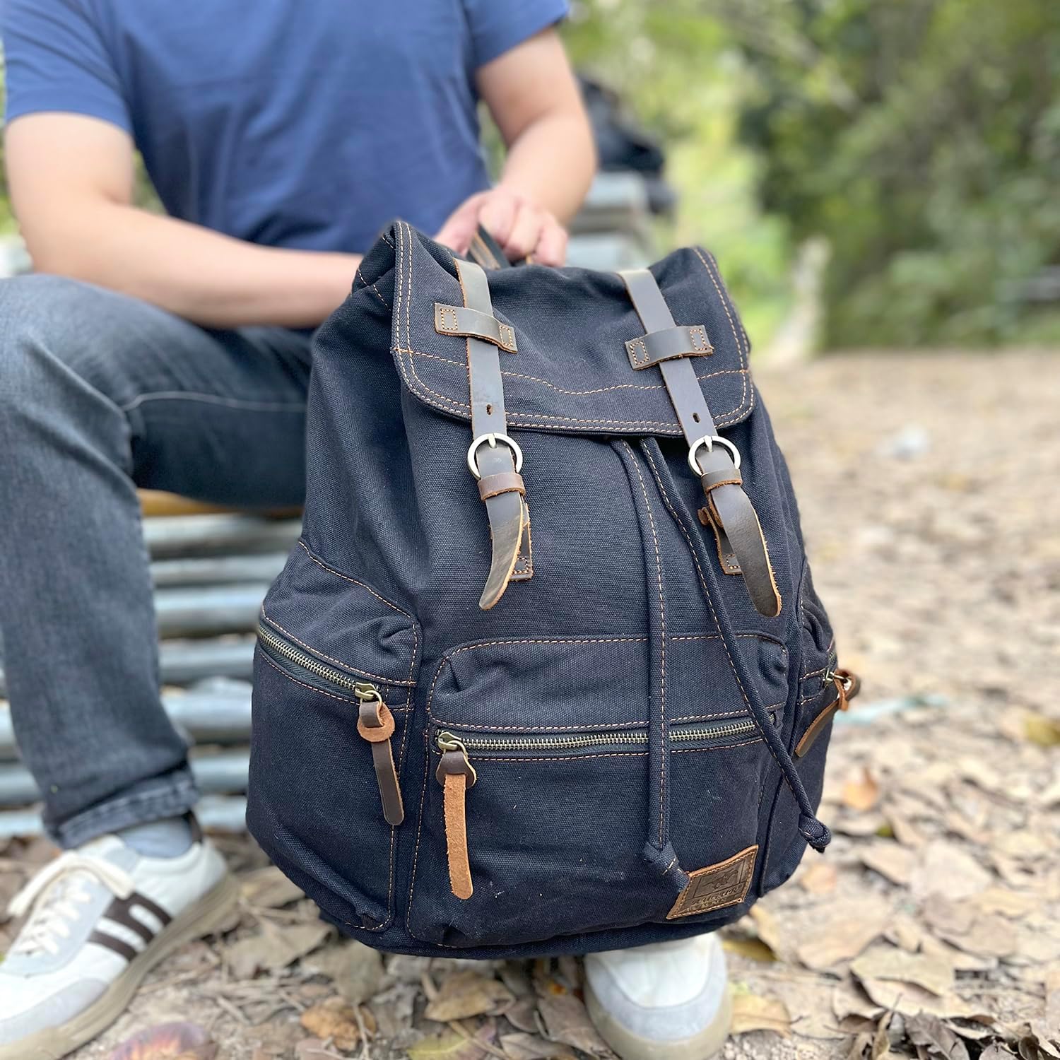 AUGUR High Capacity Canvas Vintage Backpack - for School Travel 12-15.6" Laptop Backapcks for Men Casual Daypacks Rucksack (L-Black) - Image 3