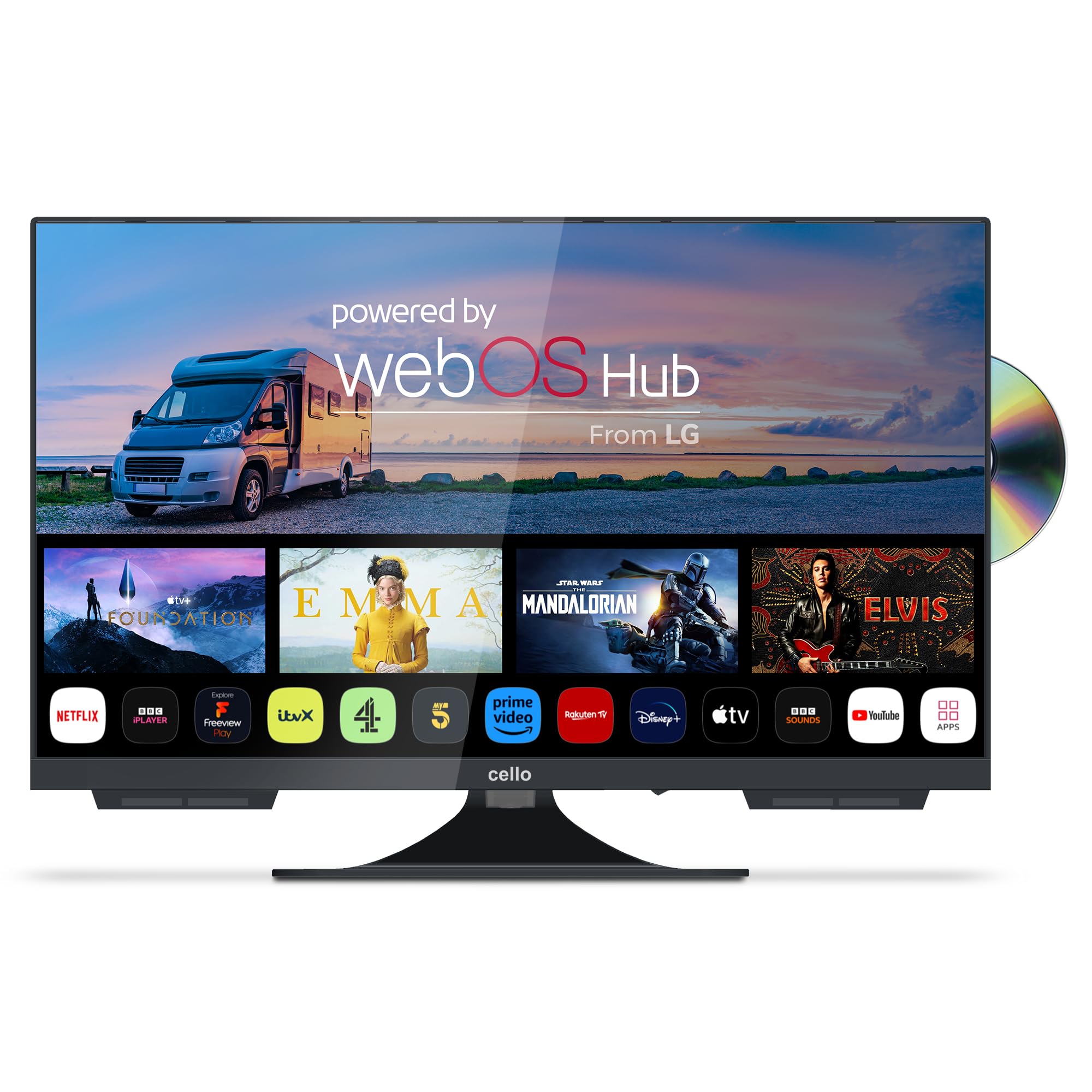 Cello C2224WSF 12V 22 Zoll-Smart-Fernseher ohne Rahmen mit integriertem DVD-Player, ultraschnellem WebOS, Pitch Perfect-Lautsprechern, Bluetooth Kleiner Fernseher für Wohnmobile