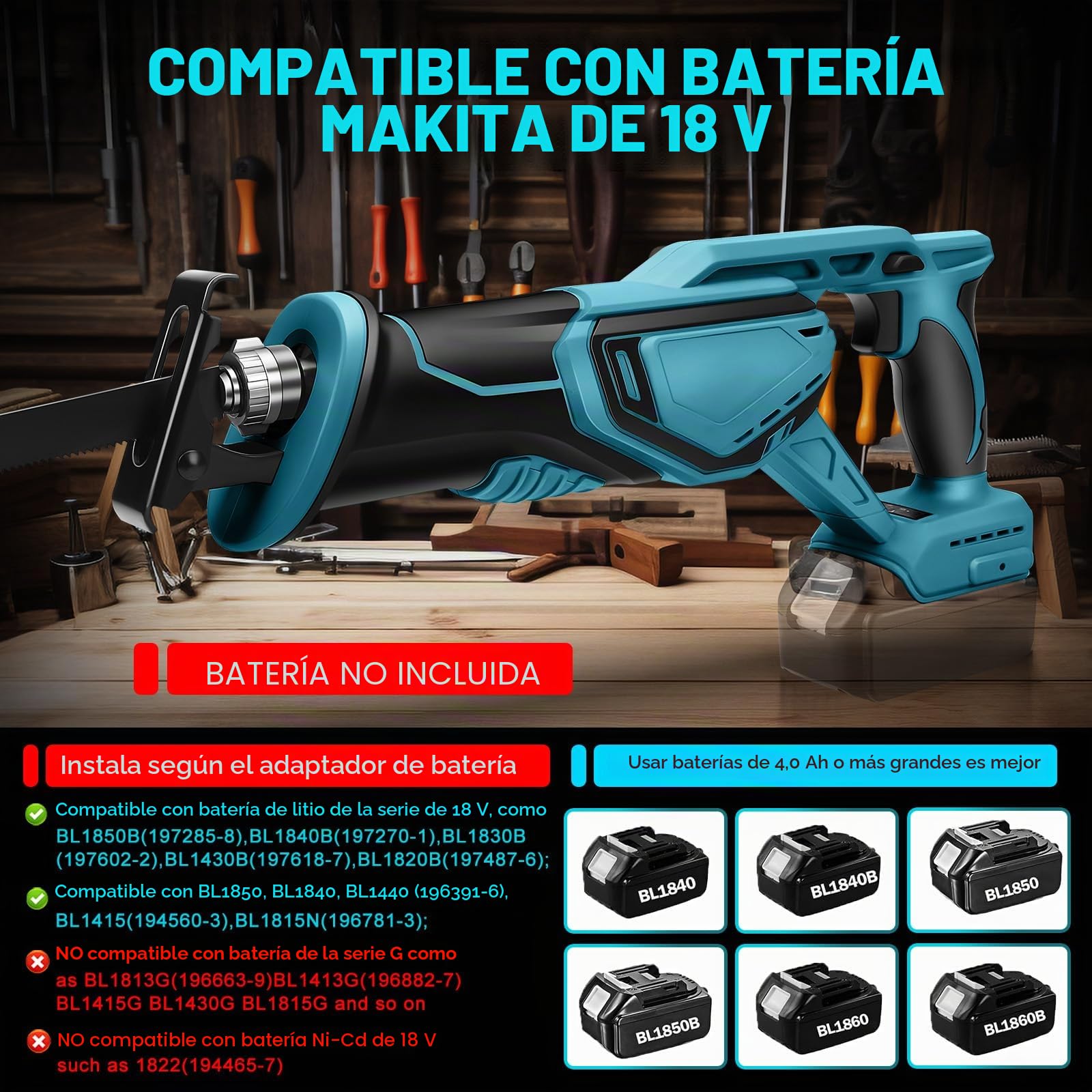 Roadtime Sierra Sable Inalámbrica para Makita 18 V baterías (sin batería) ﻿ | motor sin escobillas 0-4000 RPM Sierra Electrica de Velocidad Variable, con 4 Cuchillas para Cortar PVC/Madera/Metal
