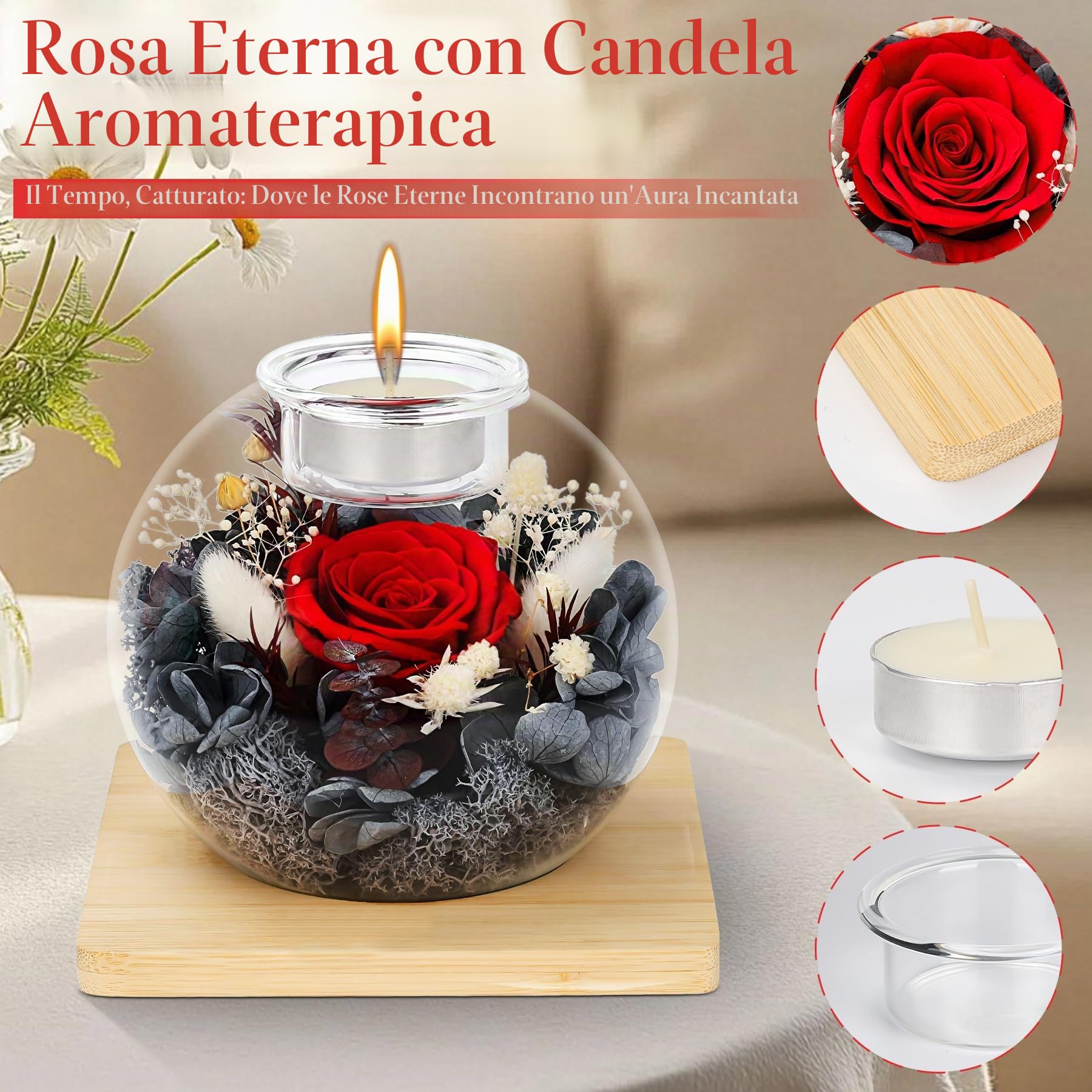 Rosa Eterna in Vetro, Set di Rose Stabilizzate e Candele Profumate, Regalo di Compleanno per la Festa della Mamma San Valentino Anniversario Natale per Mamma Fidanzata Moglie Donna (Rosso)
