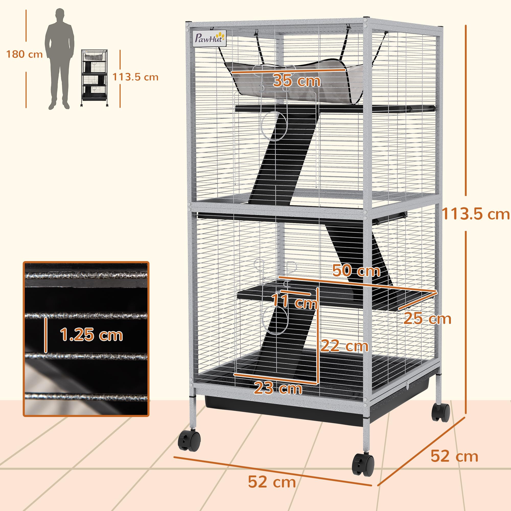 PawHut Jaula rodante para animales pequeños para chinchillas, hurones, gatitos, con rampa, color gris