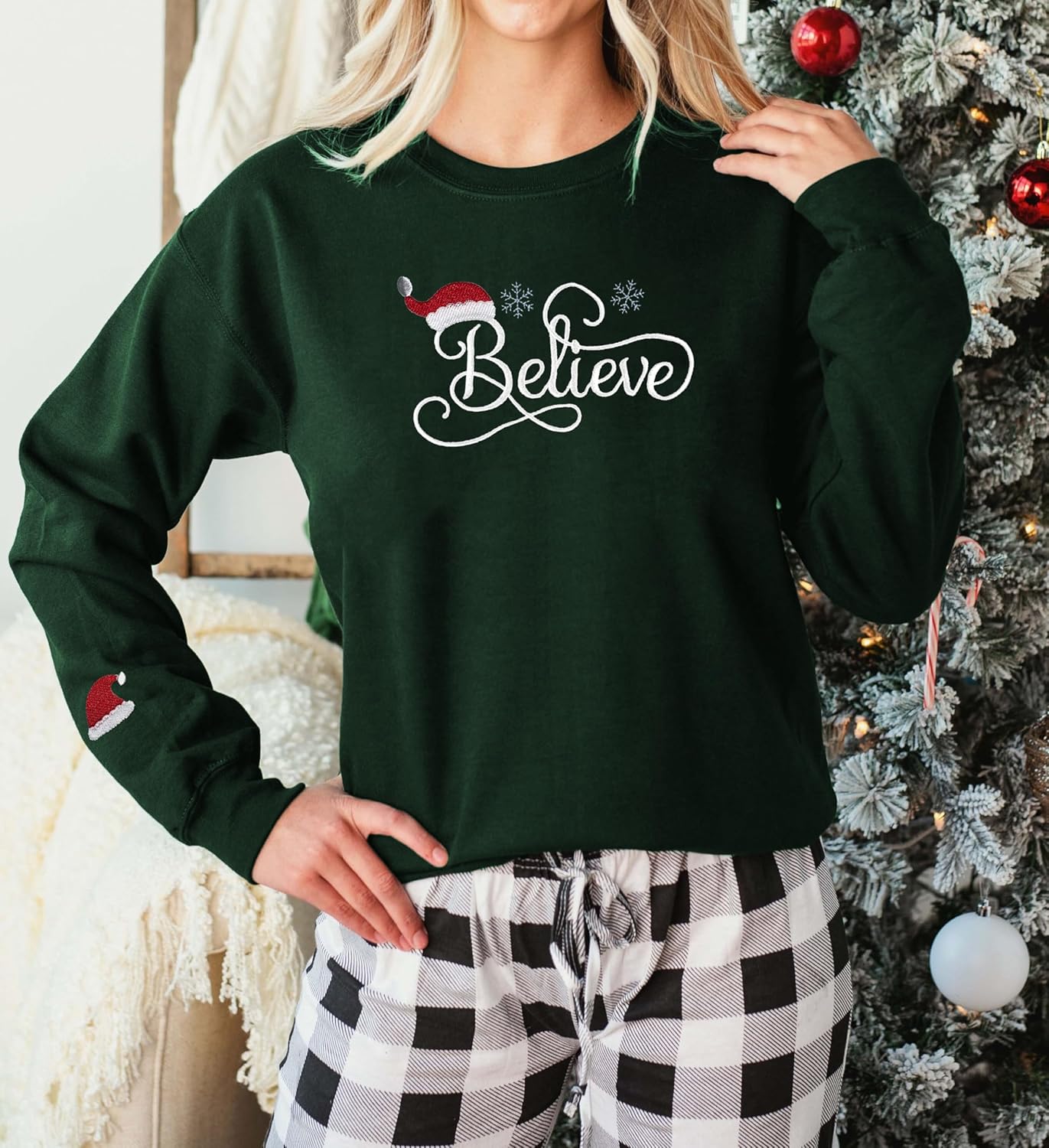 Christmas Sweatshirts for Women Believe Embroidered Cute Christmas Hat Xmas Holiday Party Pullover Blouse - Image 2