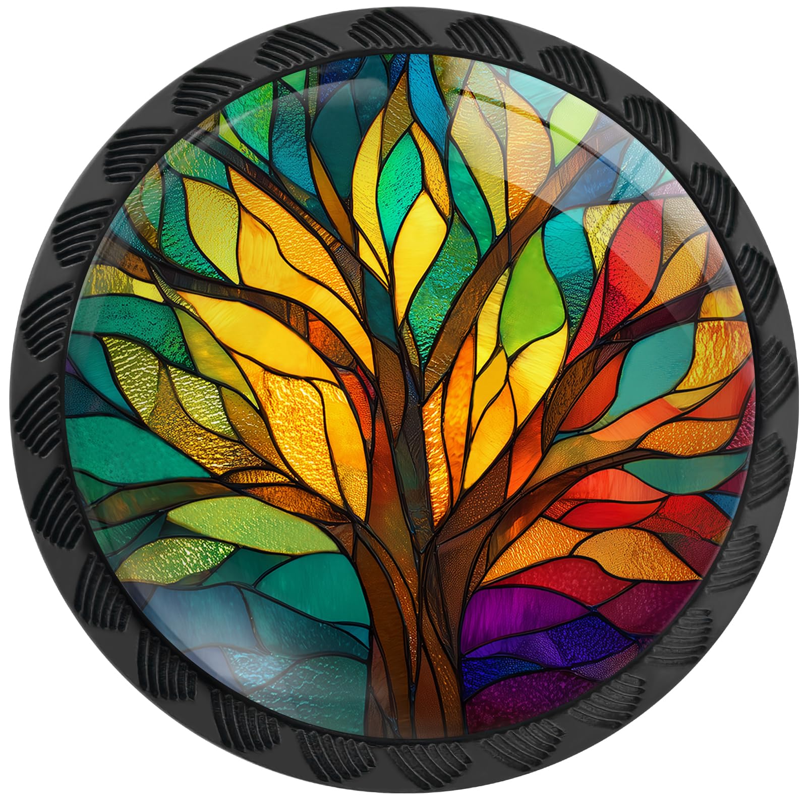 4 Pack Stained Glass Tree of Life Cabinet Knobs Round Drawer Pulls Colorful Tree Knob Cupboard Door Handles Hardware for Kitchen Bathroom Cabinets