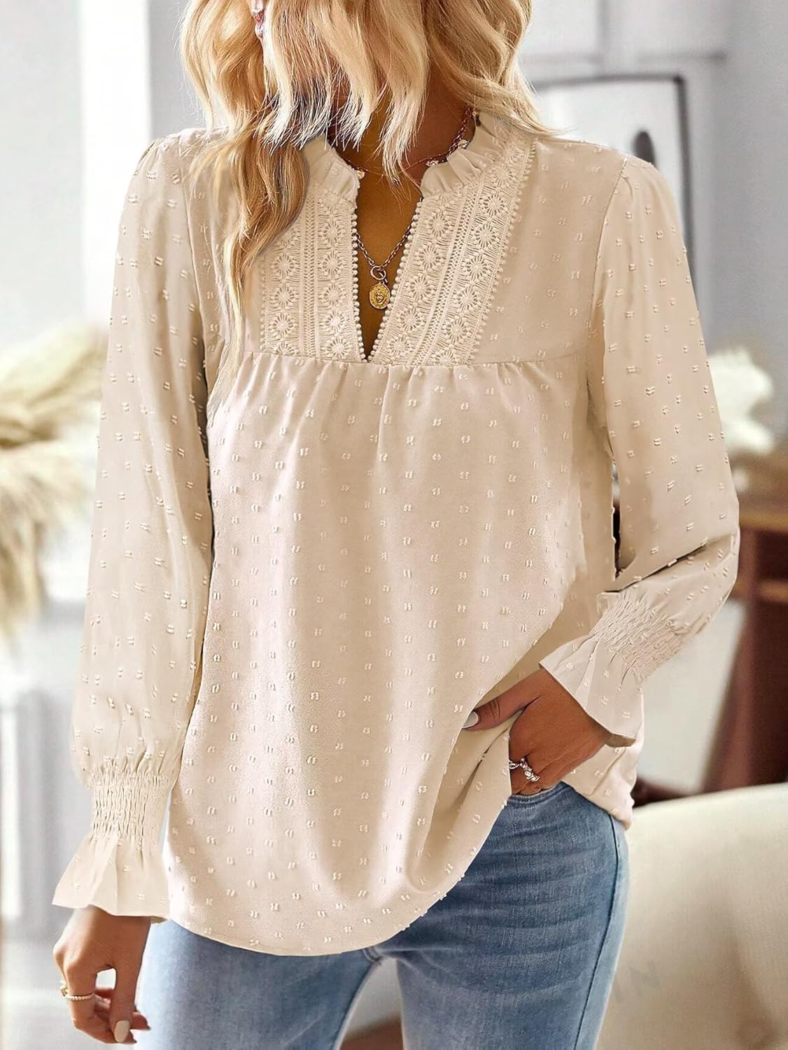 Boho Tops for Women V Neck Blouses Flowy Swiss Dot Dressy Casual Lace Womens Long Sleeve Shirts Trendy 2026 - Image 2