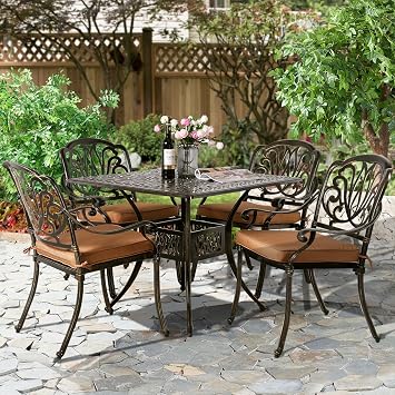 5-Piece Outdoor Patio Dining Set, All-Weather Cast Aluminum Patio Furniture Set for Backyard Garden Deck with 4 Chairs, 4 Cushions and 35.4 Square Table, 2.2" Umbrella Hole