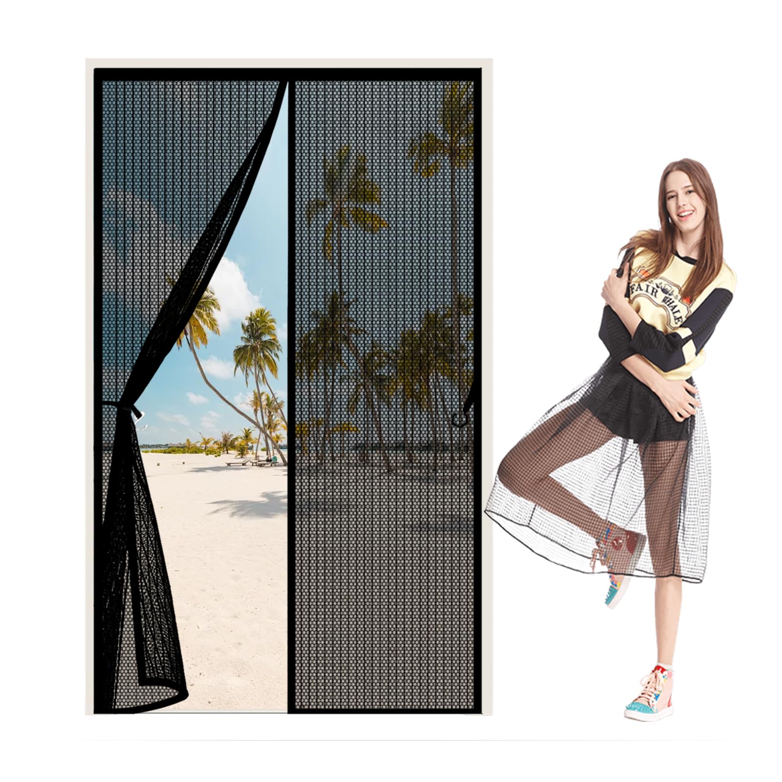 Qenhyun Black Fly Screen Door 145 X 260 Cm Keep Bugs Out, Full Frame Magic Tape, Powerful Magnets, Self Sealing, No Drill Installation, Self-Sealing Bug Mesh For Balcony Bedroom Doors,