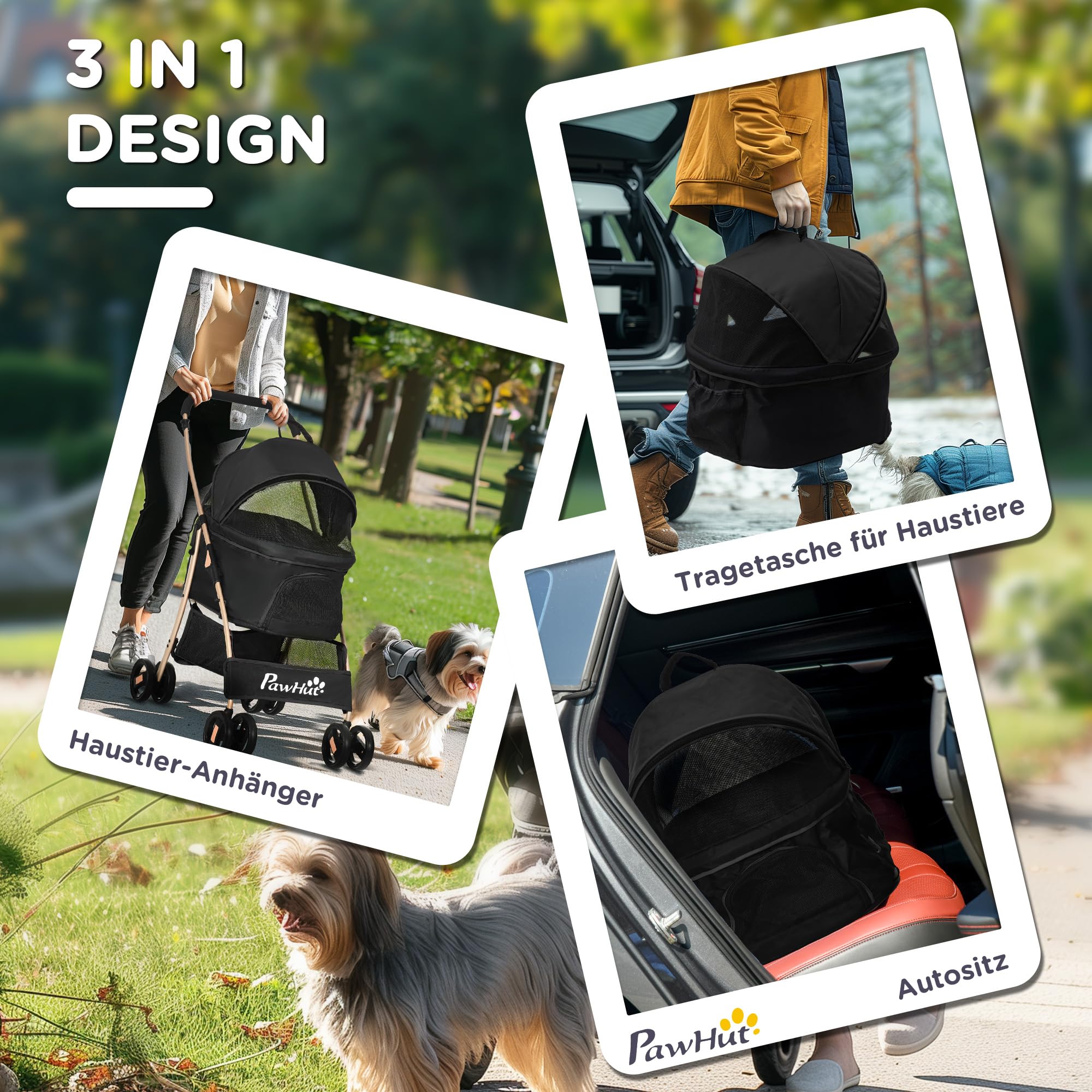 PawHut Hundewagen, 2 in 1 Hundetrolley, Tragetasche, Faltbarer Hundebuggy mit Kissen, Katzenwagen für kleine Hunde, Katzen, Katzenbuggy mit 4 Rädern, Netzfenster, Oxfordstoff, Schwarz