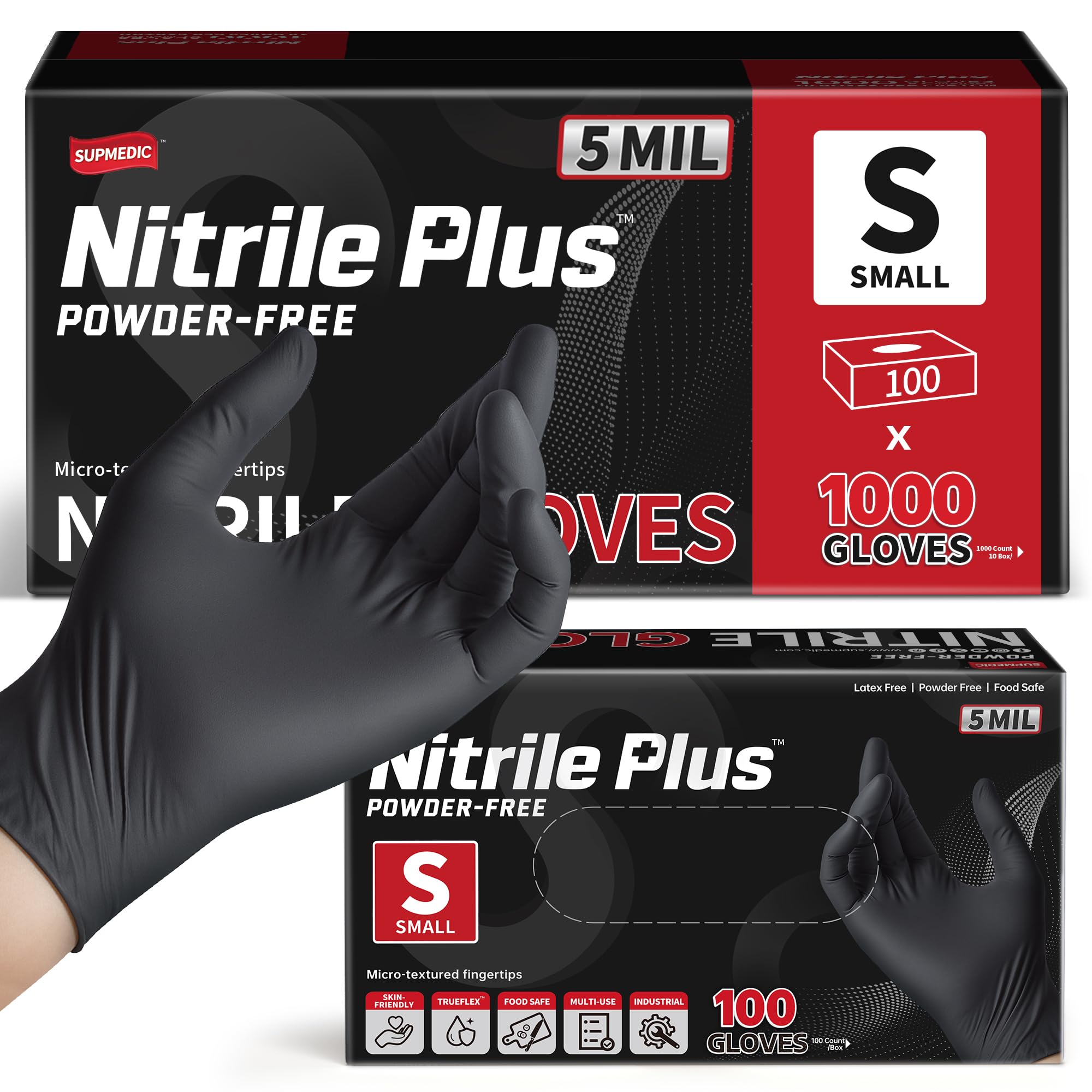 Supmedic Disposable Nitrile Exam Gloves, 5Mil Chemical Resistant Powder-Free Food Safe Clean Medical Glove Black Blue 1000Pcs