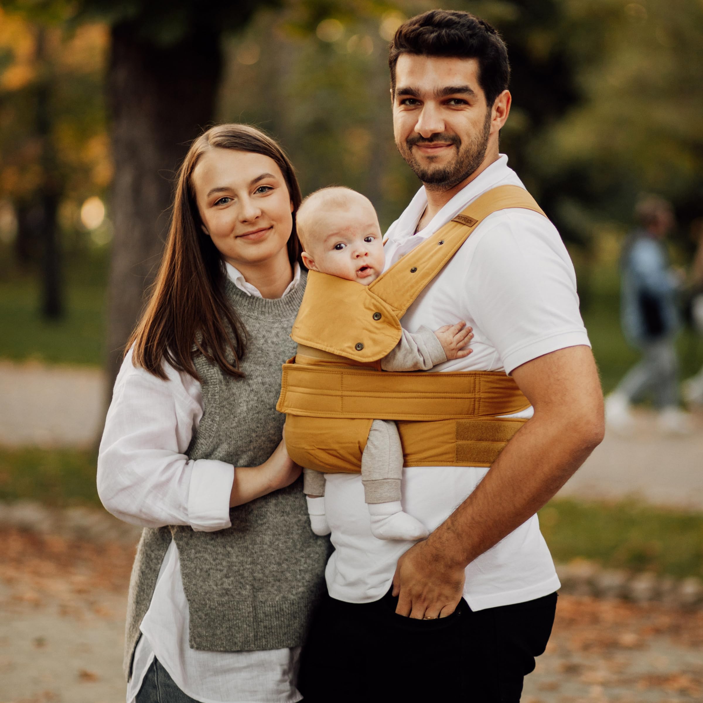 marsupi Mochila Portabebés - Para Bebés desde Recién Nacidos y Niños Hasta los 15 kg - Ligera y Compacta, Con Sistema de Sujeción Fácil y Resistente - Algodón Orgánico - Caramelo XL