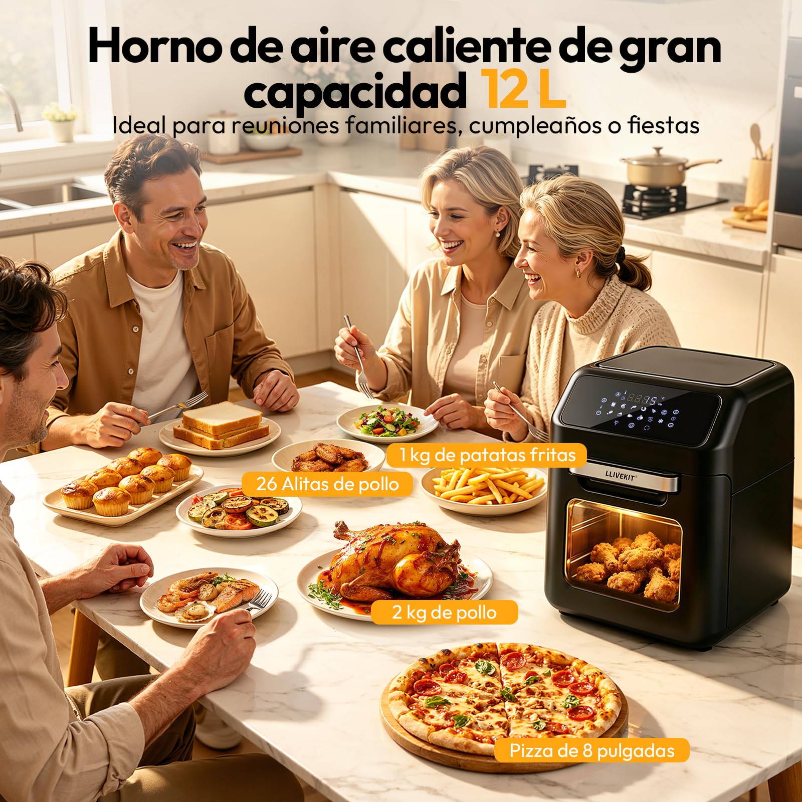 LLIVEKIT Freidora de Aire Caliente 12 L, Horno de Aire Caliente, Mini Horno de 1800 W, Freidora de Aire Sin Aceite 12 en 1 con Pantalla LED Digital, Deshidratador de Frutas, Barbacoa