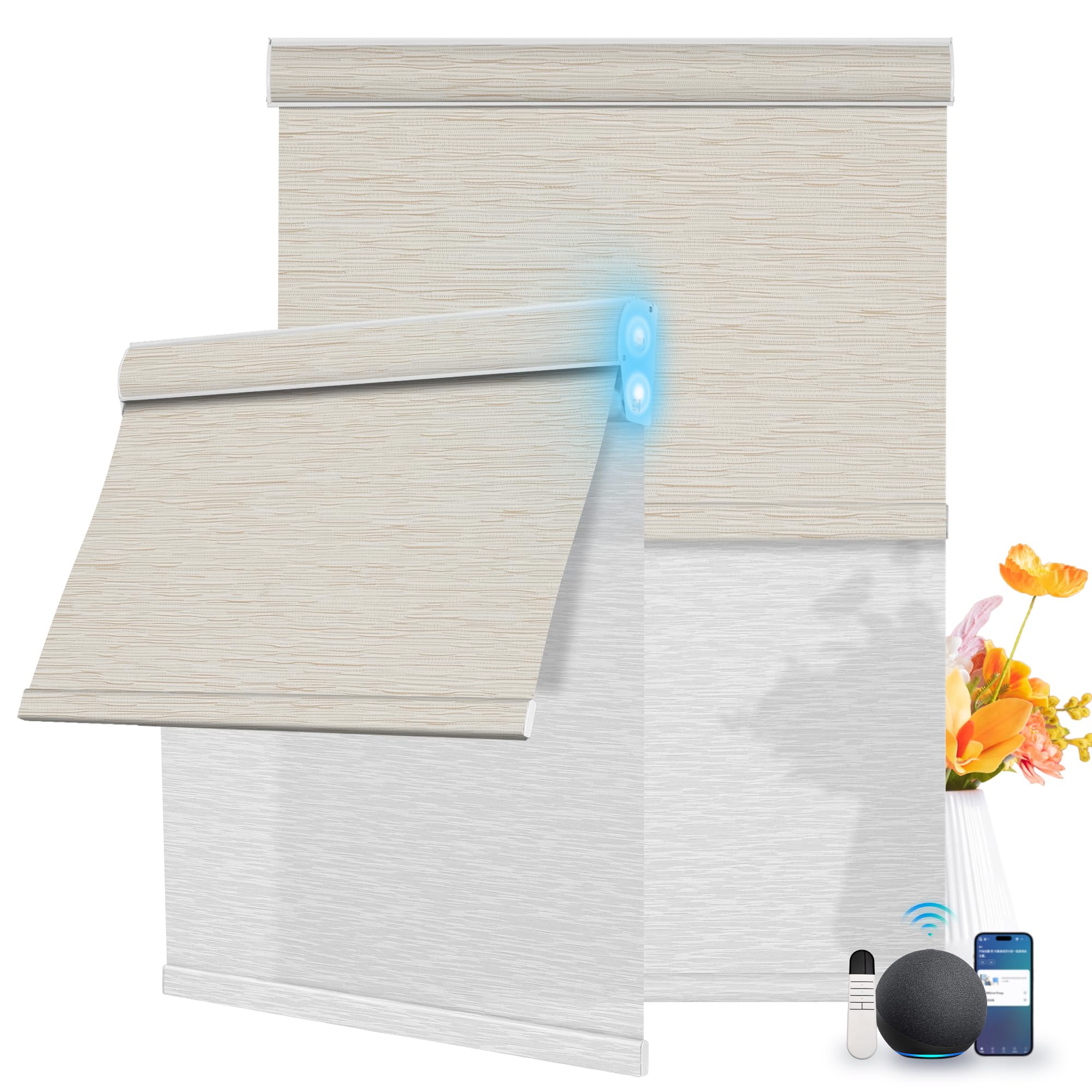 BERISSA Motorized Dual Roller Blinds with Remote,Blackout&amp;Light Filtering Smart Double Roller Blinds for Windows,Customized Automatic Shades,Electric Shades with Solar Pannel.Maze Beige&amp;White