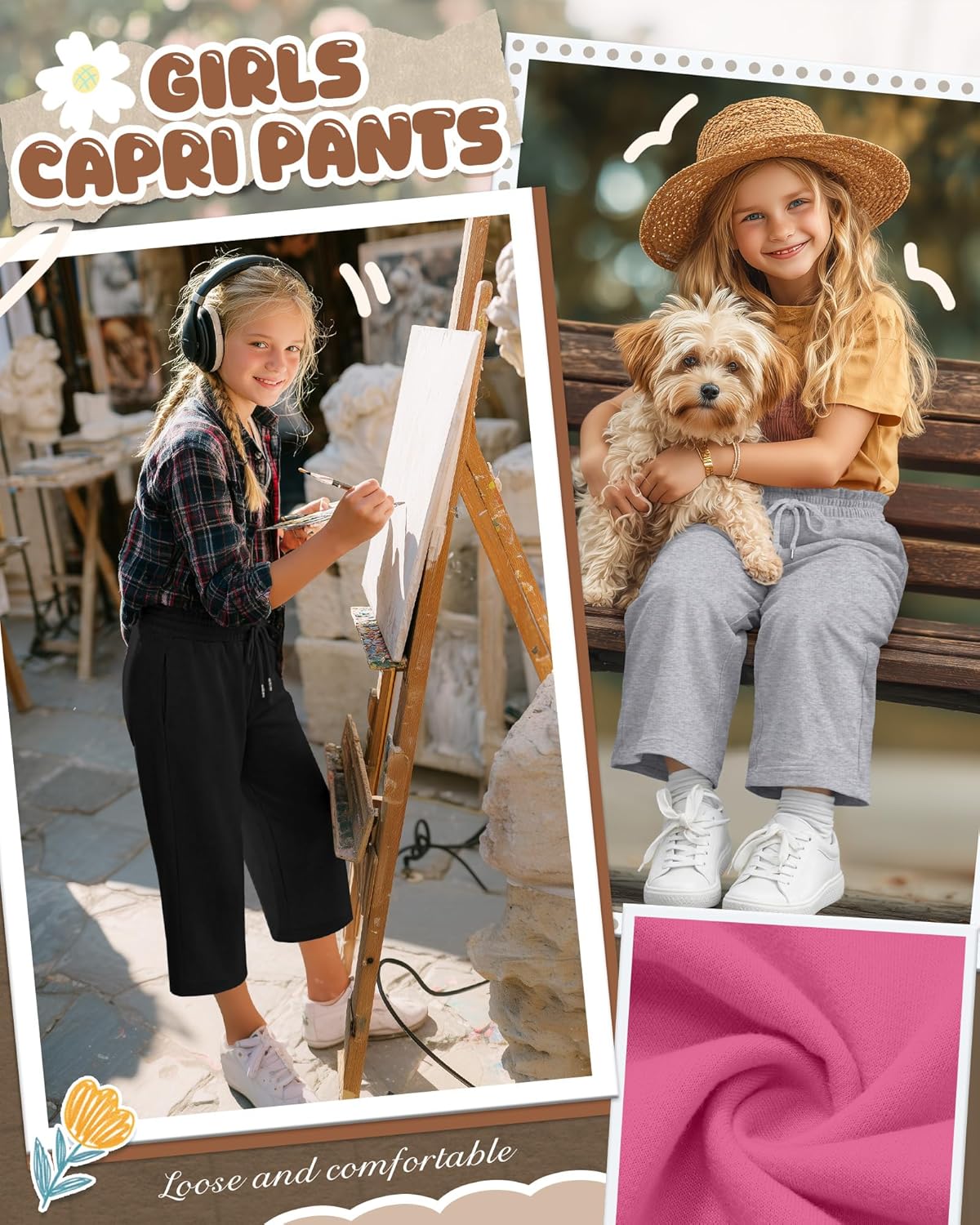 3 Pack Girls' Capris Teen Wide Leg Capri Pants Drawstring Lettuce Elastic Waist Loose Fit Sweatpants with Pockets