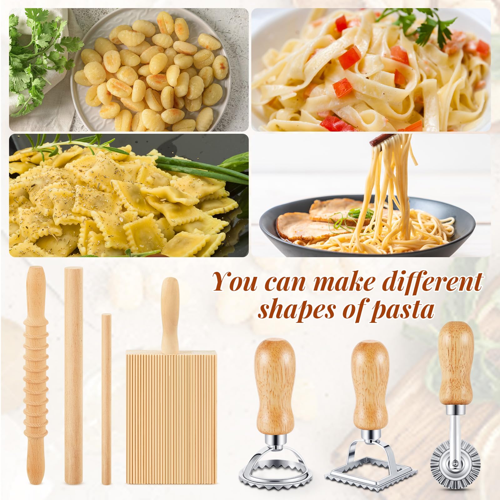 Tioncy 13-teiliges Nudelherstellungswerkzeug, inklusive Edelstahl-Trockengestell, Gnocchi-Brett mit Roller, Ravioli-Nudelholz, Nudelzange, Teigschaber, Ravioli-Stempel, Empanadas-Pressform für die
