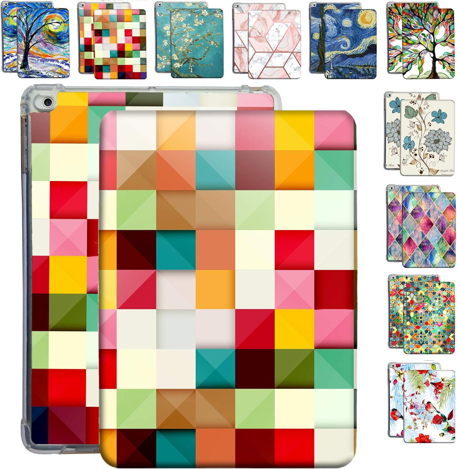 DuraSafe Cases for iPad 9.7 5th 6th Gen Air 1st 2nd Generation [iPad 5 6 Air 1 2] A1893 A1822 A1566 A1474 MH2V2LL/A MRM52LL/A MP242LL/A TPU Ultra Printed Flip Case with Corner Protection - Color Grid