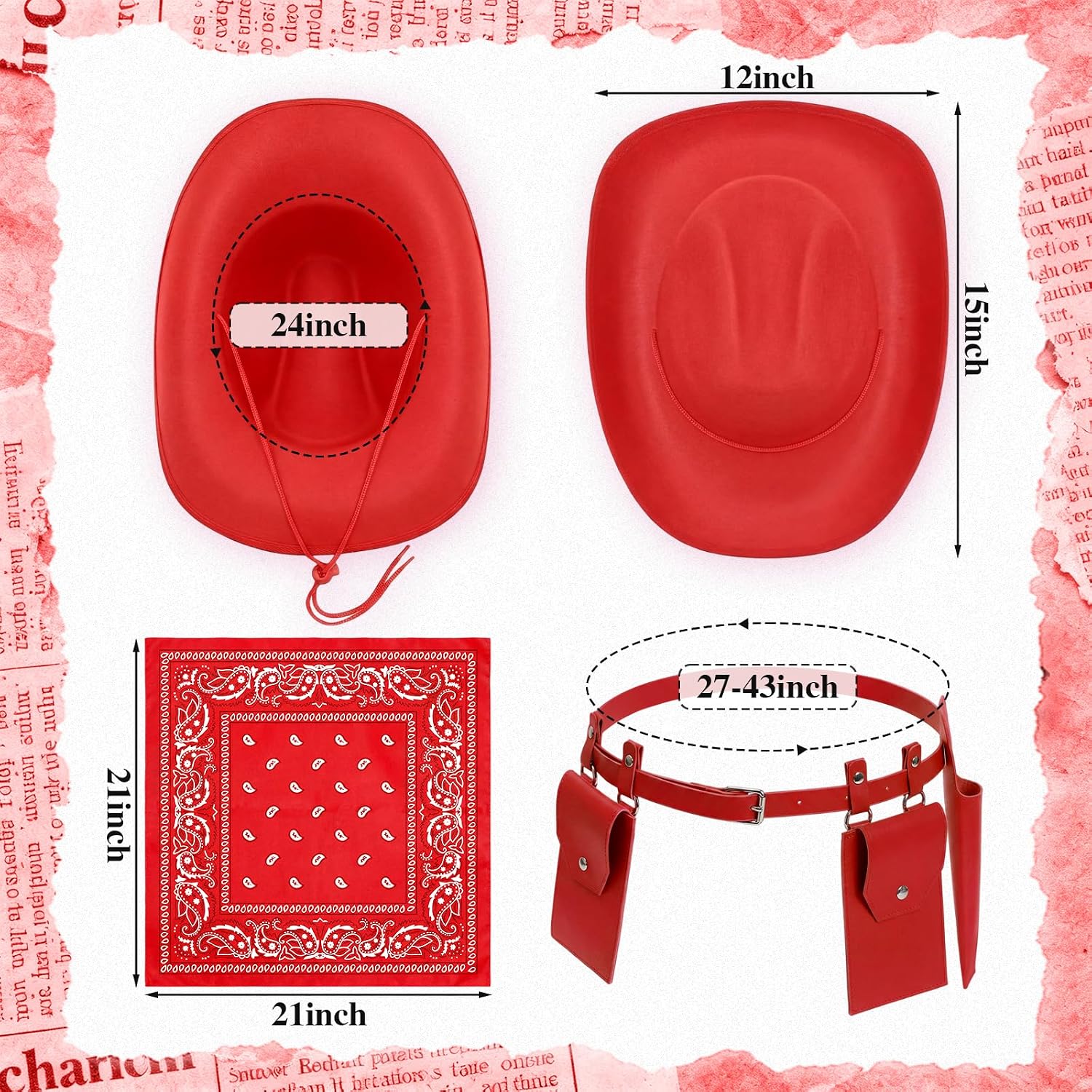 Western Hat for Man Woman Cowboy Cowgirl Costume Accessories Set Classic Bandana & Adjustable Holster Belt