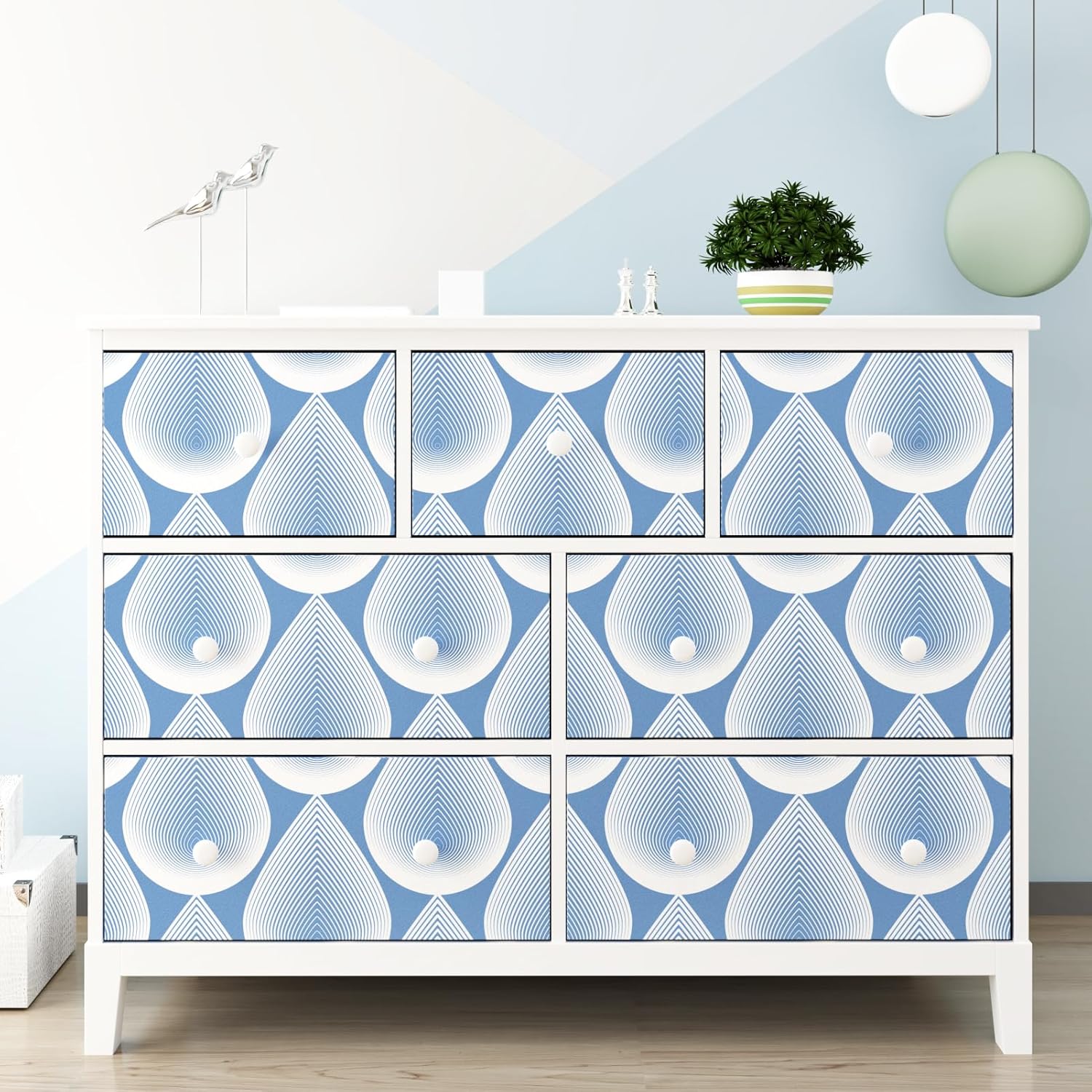 Blue Geometric Peel and Stick Wallpaper Modern Waterdrop Geometric Contact Paper Bohemian Wallpaper Self-Adhesive Boho Abstract Wall Paper for Bedroom Kitchen Wall Decor Cabinets 17.5"×118"