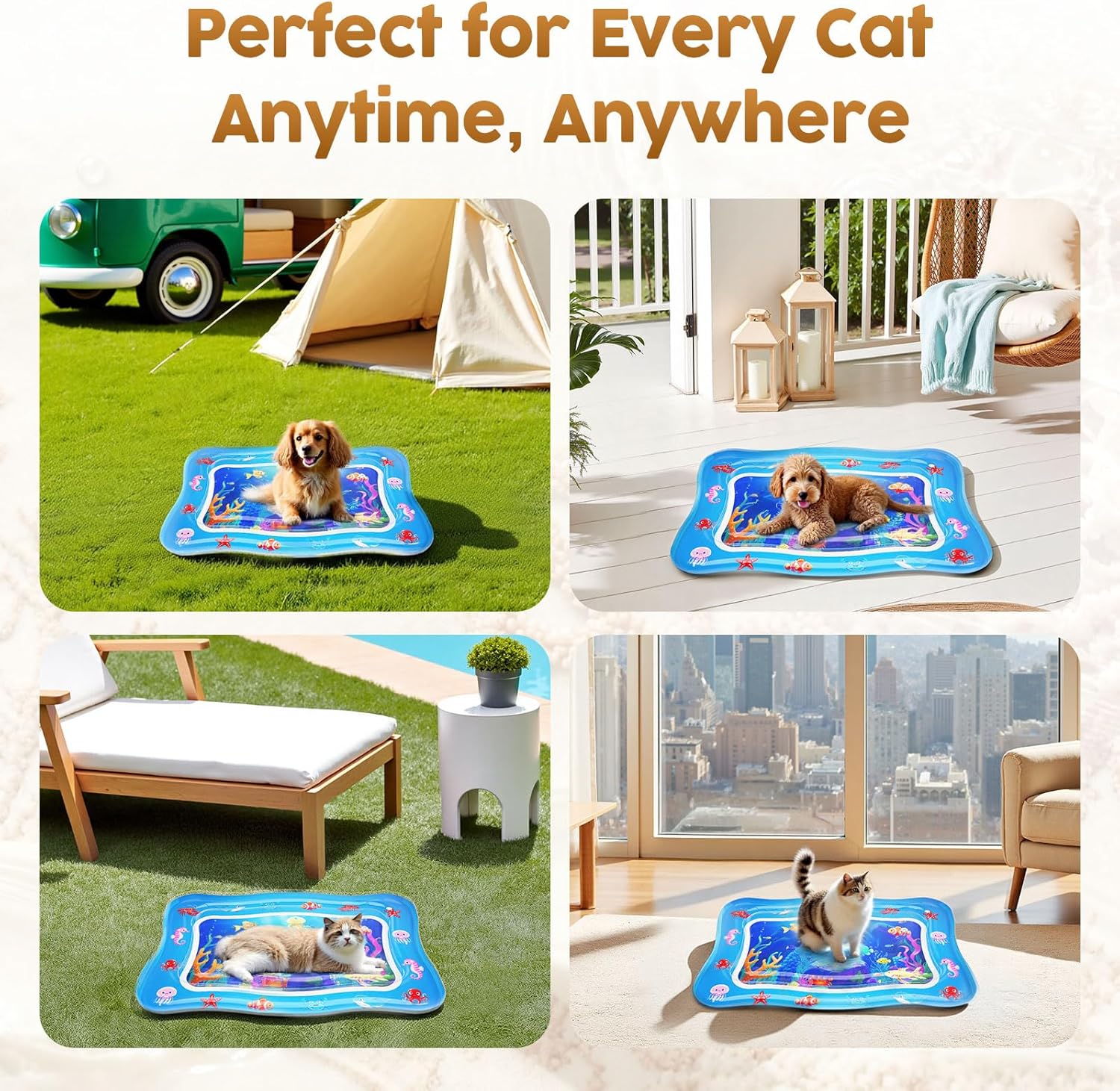 Cat Water Mat - Interactive Cat Toys Upgraded Thickened 0.7mm PVC Cooling & Heating Water Bed with Floating Fish, Anti-Scratch Leak Proof Foldable Water Sensor Play Mat for indoor/Outdoor Cats