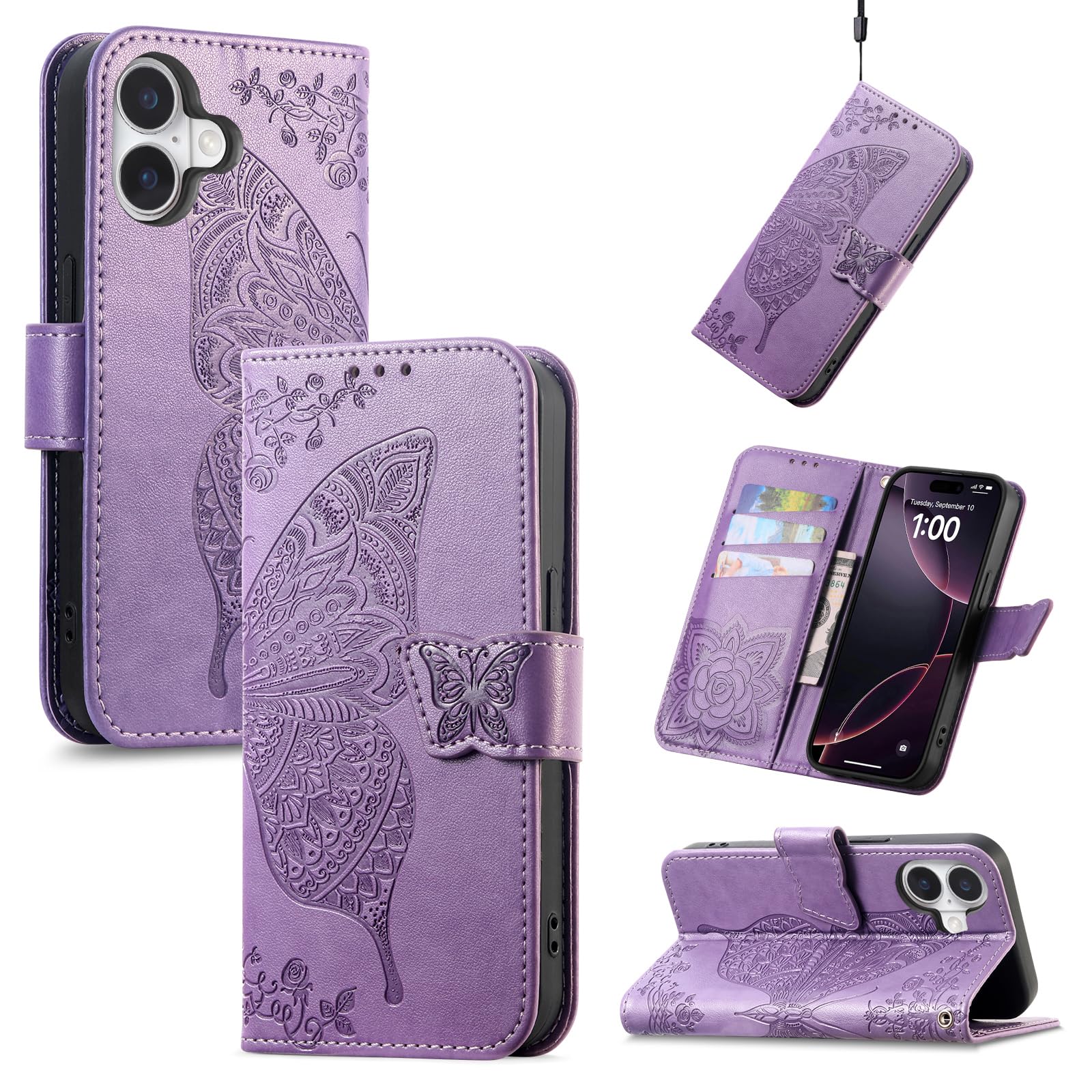 Custodia Portafoglio per iPhone 15 Pro, in Pelle PU con Gatto Inciso