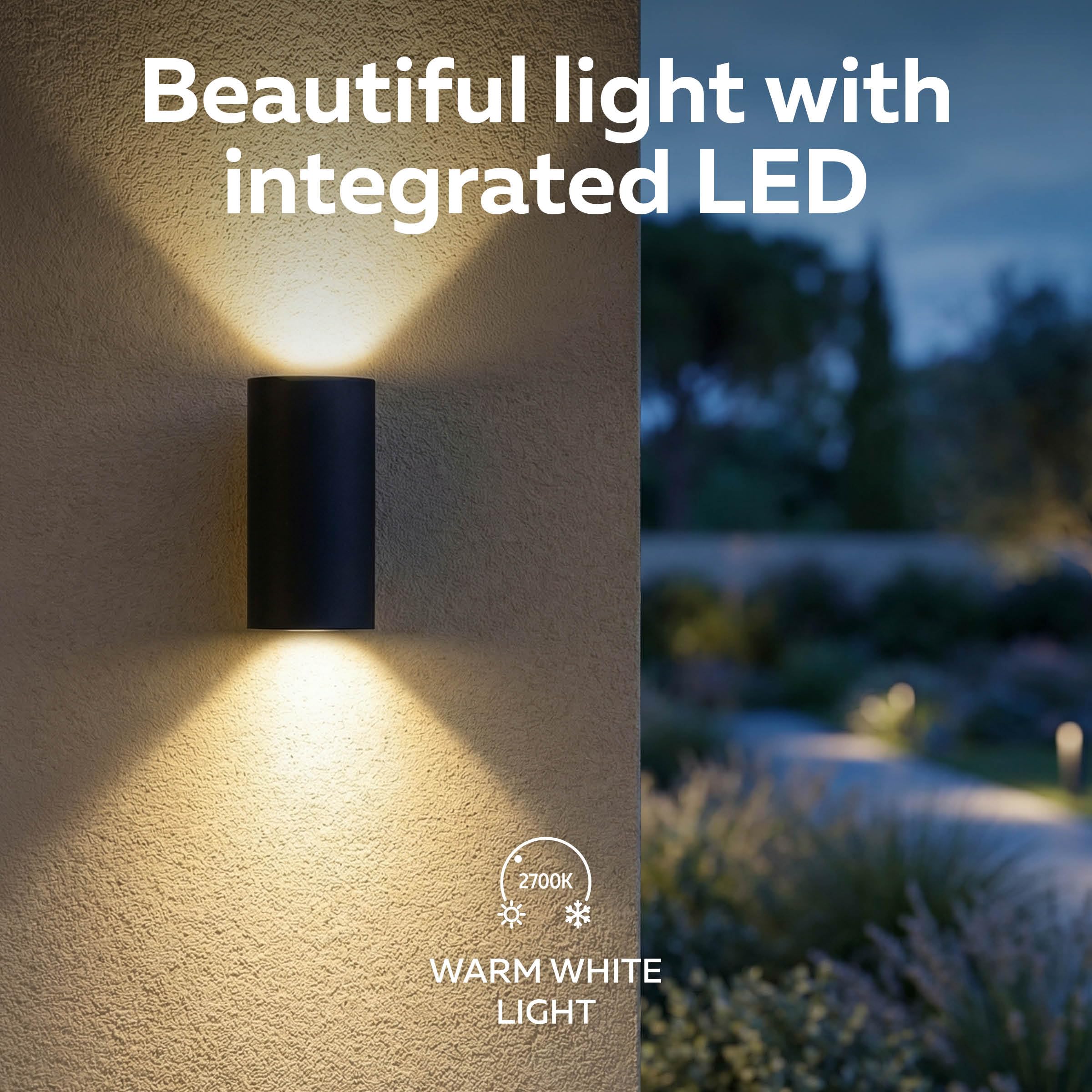 CALEX Applique da Parete Valmer, Interno ed Esterno, Ricaricabile, LED Integrato, Forma Cilindrica, Illuminazione Up & Down, Impermeabile, Nero, Confezione da 2