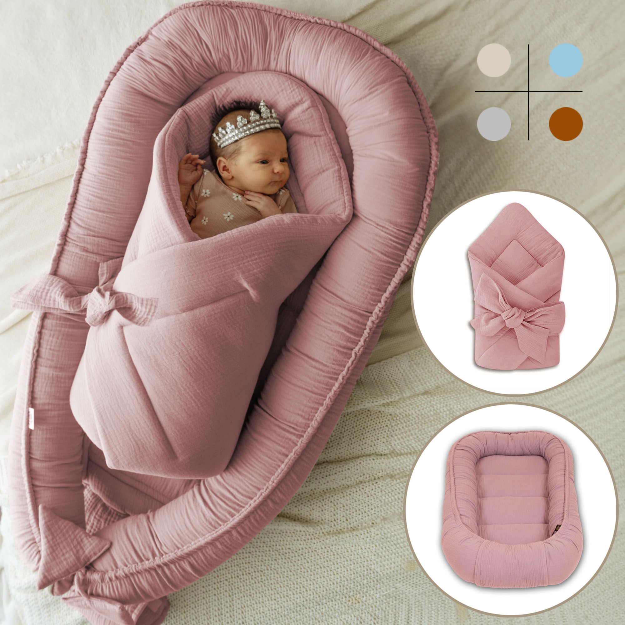 PaLulli Set 2 in 1, nido e coperta, 100% mussola, paracolpi per bambini, paracolpi per neonati, nido per bambini (rosa)