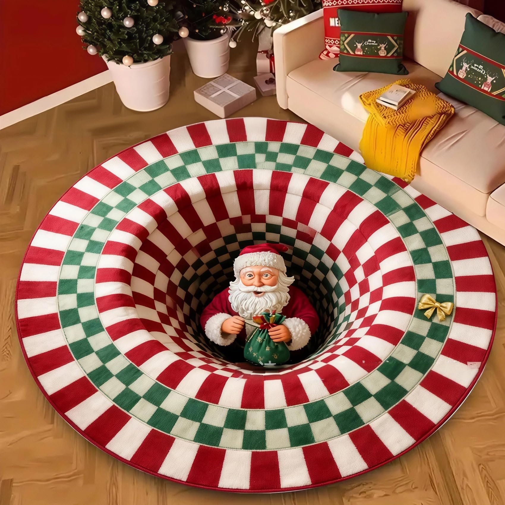 Juxdzishw V ,80*80,Christmas Decorations 3D Rug, Xmas Optical Illusion Rugs,Santa Claus Quilted Round Mat,Exquisite Non-Slip Rugs With Depth Pattern For Holiday Entryway Living Room Bedroom Christmas Decor