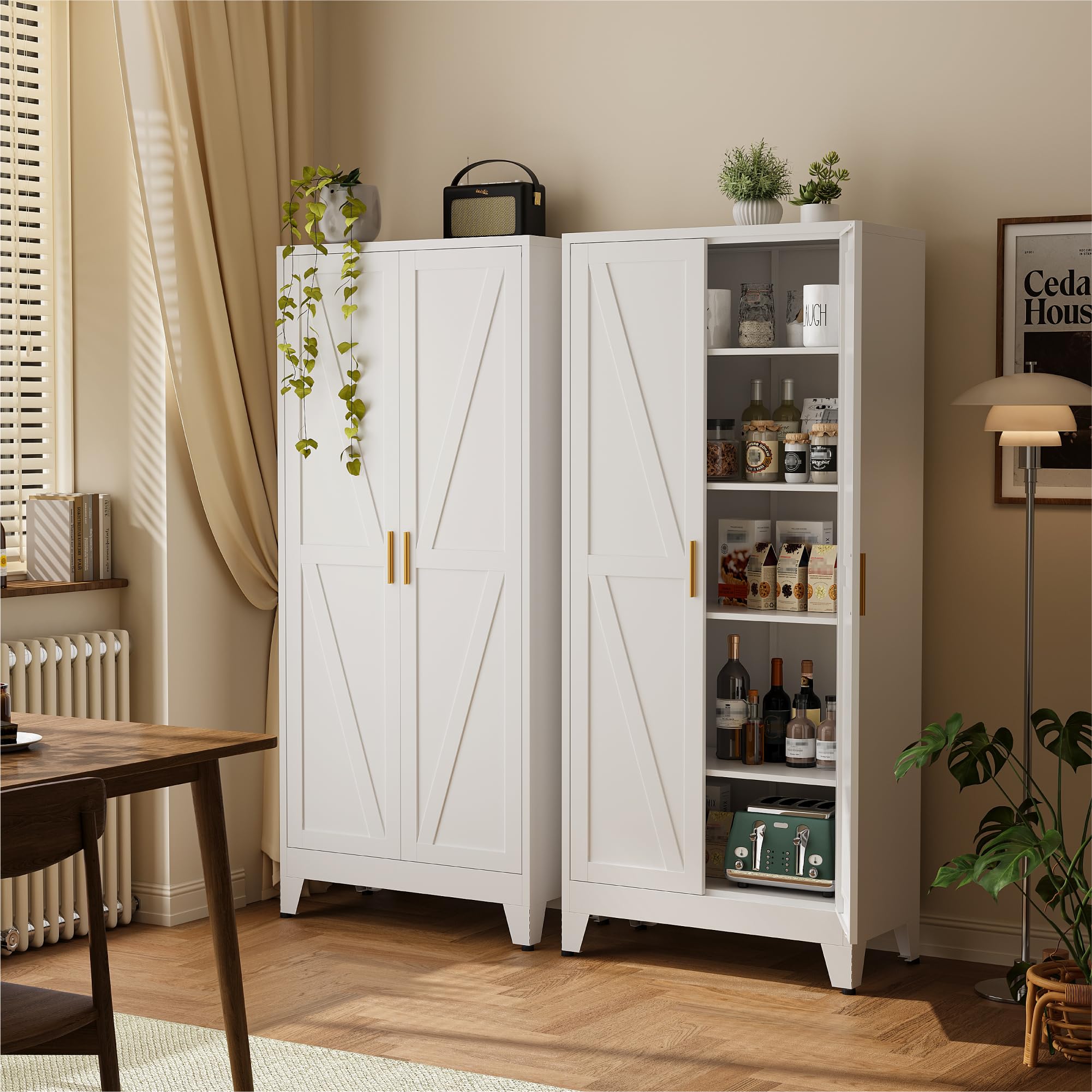 COFaR 71" Metal Pantry Cabinet with 5 Adjustable Shelves, White Storage Cabinet with Doors, Sturdy Freestanding Cupboard for Kitchen Organization, Living Room &amp; Bathroom