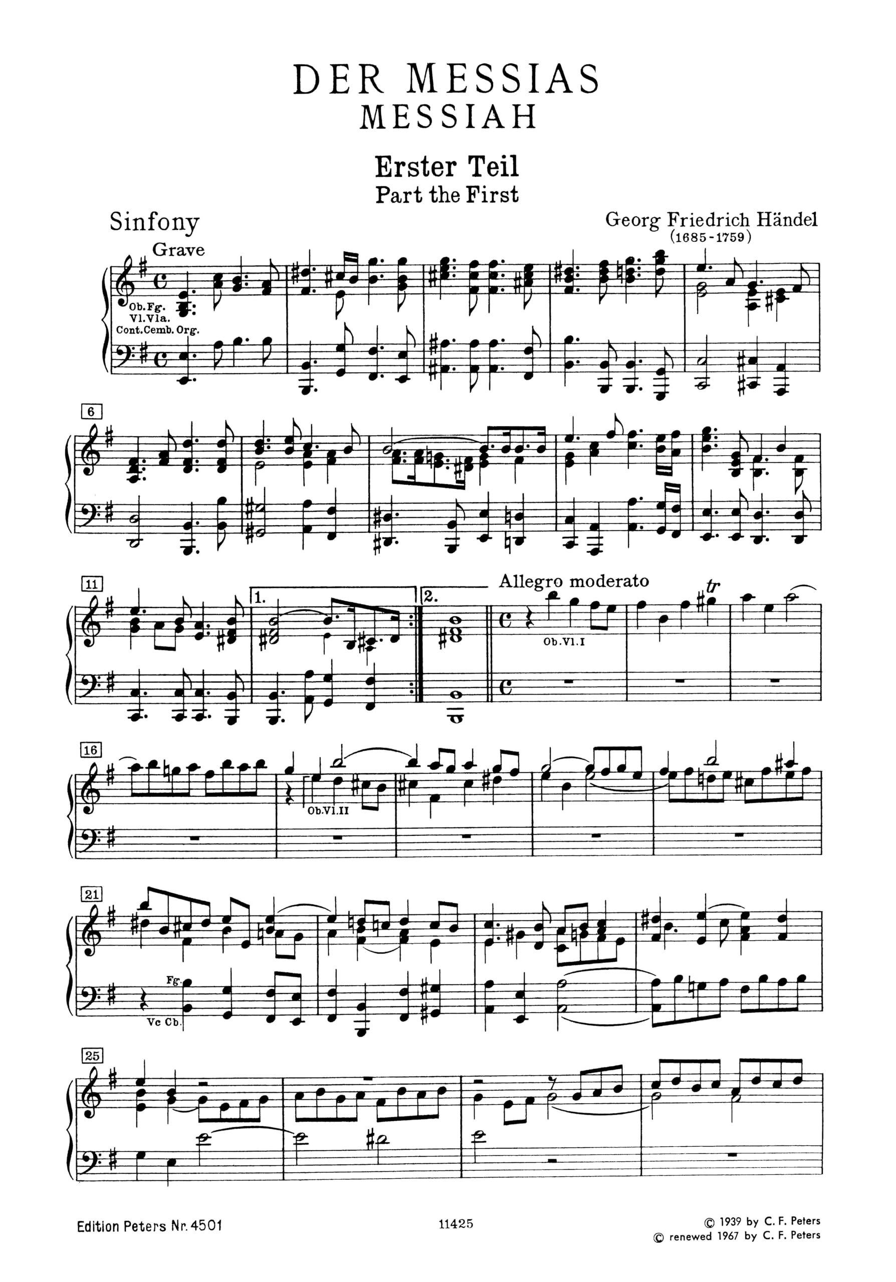 Der Messias HWV 56 / URTEXT: Oratorium in 3 Teilen für 4 Solostimmen, Chor und Orchester / Klavierauszug (Edition Peters)