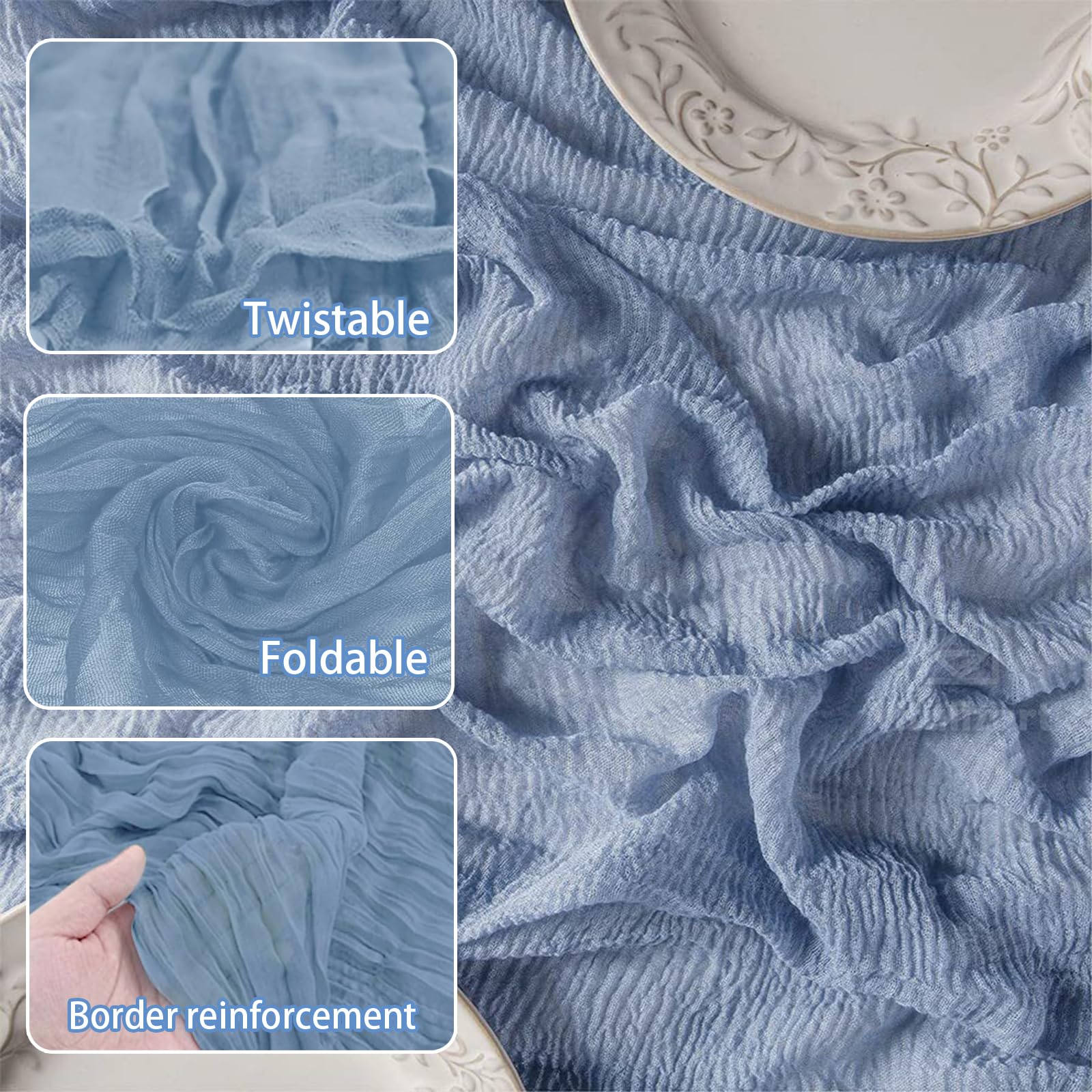 PAITOK Cheesecloth Table Runner,90 * 300 CM Boho Gauze Fabric Tablecloth Rustic Table Cover Muslin Decorative Fabric for Wedding Baby Shower Party Table Decoration(Blue) - Image 3