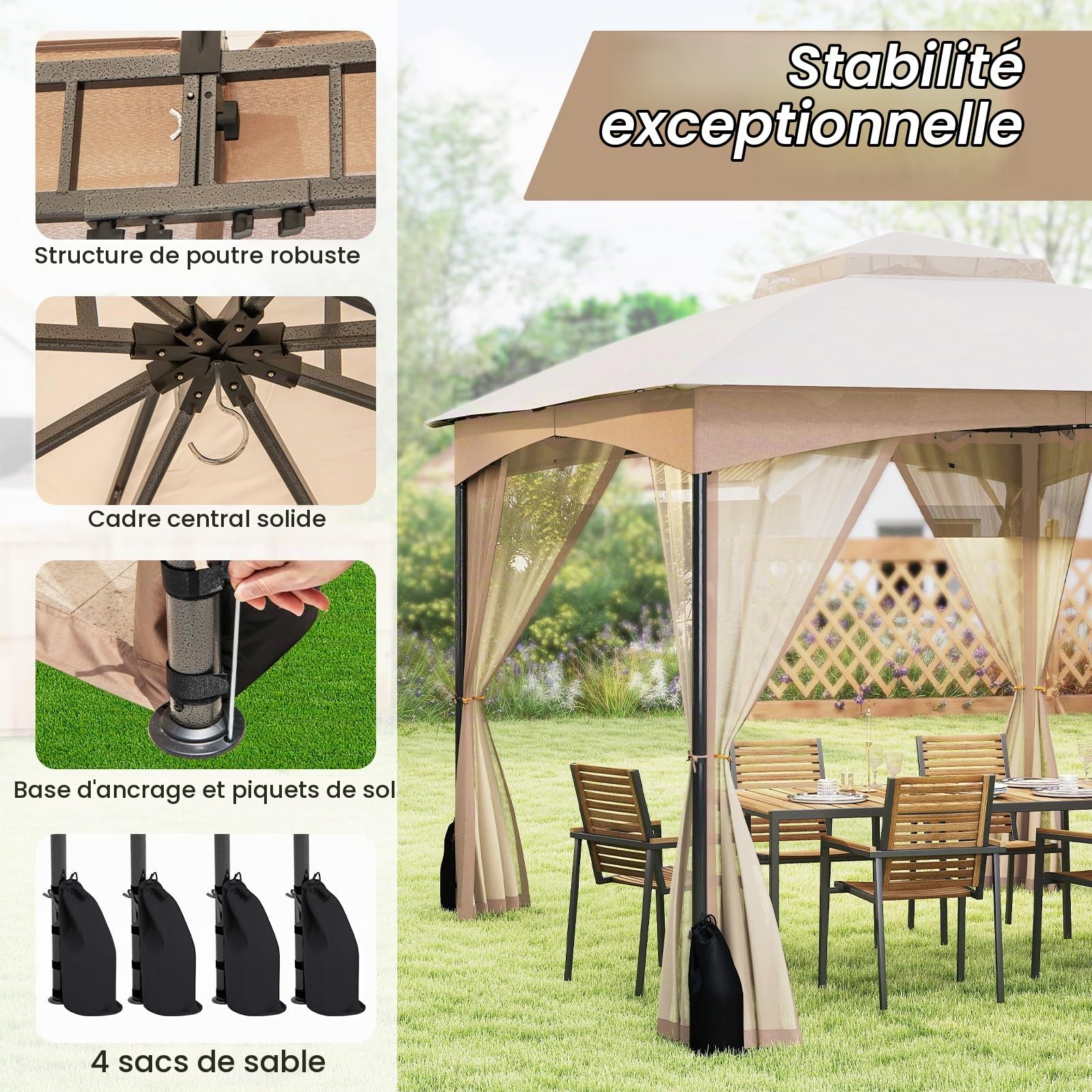 GOPLUS Tonnelle de Jardin Exterieur 3 x 3,6 m avec Moustiquaire, Lestage Poids, Pergola de Jardin Toit Double Ventilé, Piquets de Sol et 4 Sacs de Sable (3x3,6M|Beige)