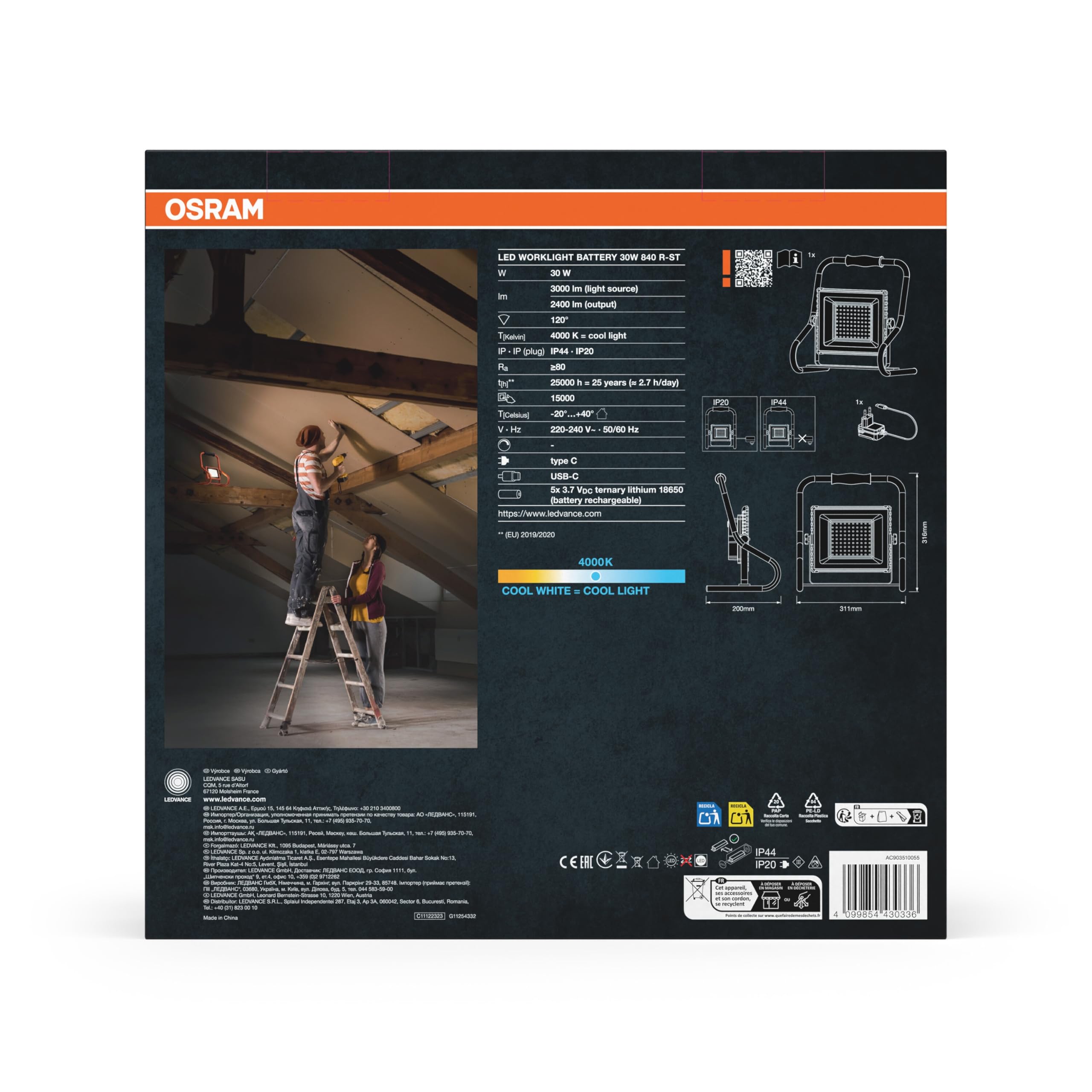 OSRAM Lampa robocza zasilana akumulatorem R-Stand 30W 4000K w kolorze pomarańczowym z obudową aluminiową, stopień ochrony IP44, do renowacji, piwnic i garaży