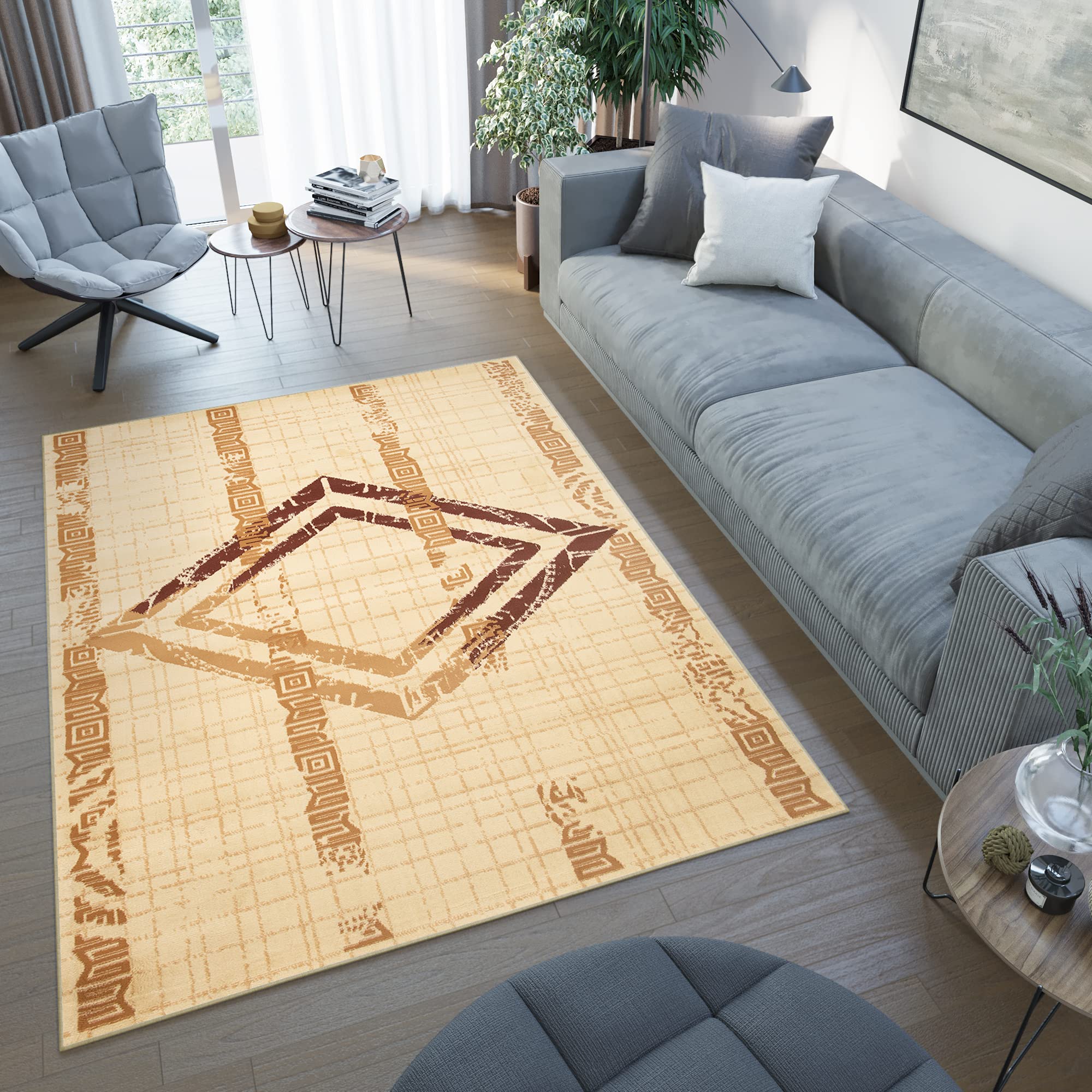 TAPISO Atena Tapis de Salon Chambre Ado Design Moderne Crème Beige Marron Motif Grec Doux Poil Court 140 x 200 cm