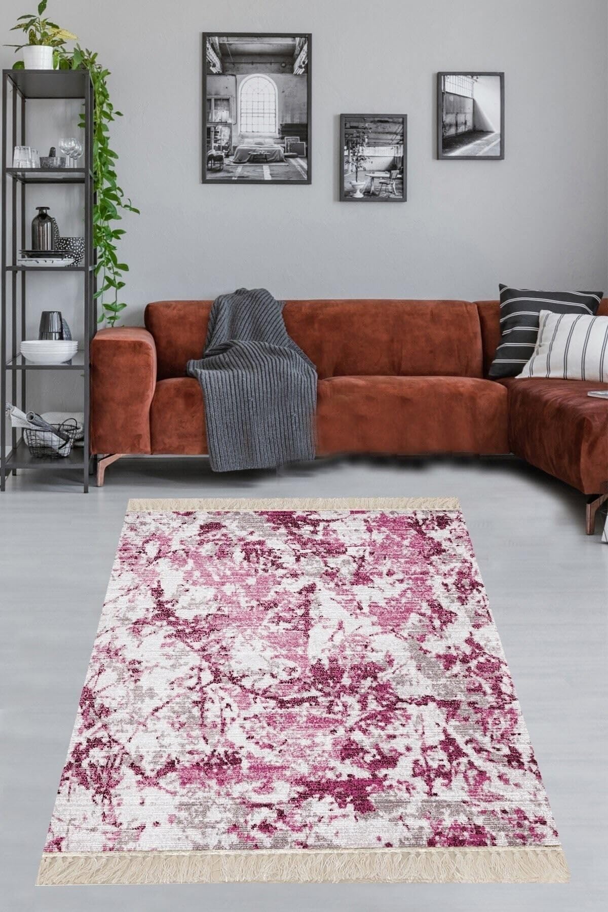 Pelangi Batik Desenli Renk Geçişli Dijital Baskı Yıkanabilir Kaymaz Taban Modern Salon Halısı Ve Yolluk, Fuşya-Gri 120 x 160
