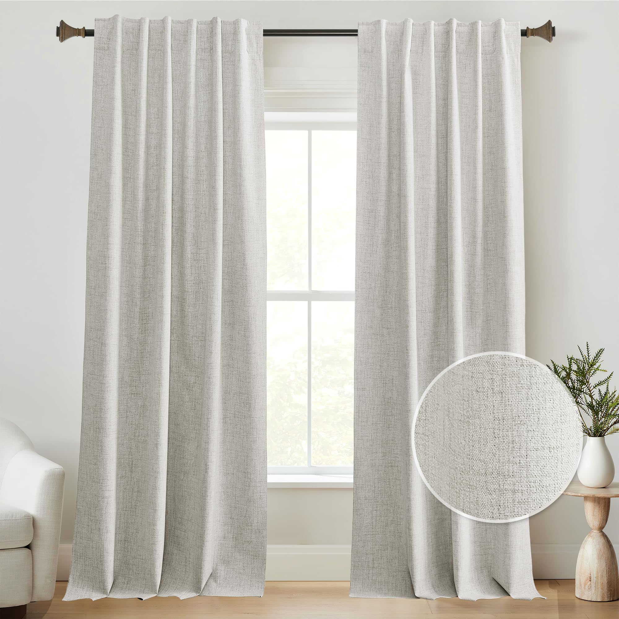StangH Ivory Linen Curtains 100% Light Blocking for Nursery Bedroom, Durable Panels with Blackout Liner Temperature Regulating Noise Reducing for Living Room/Office, W52xL90, 2 Panels