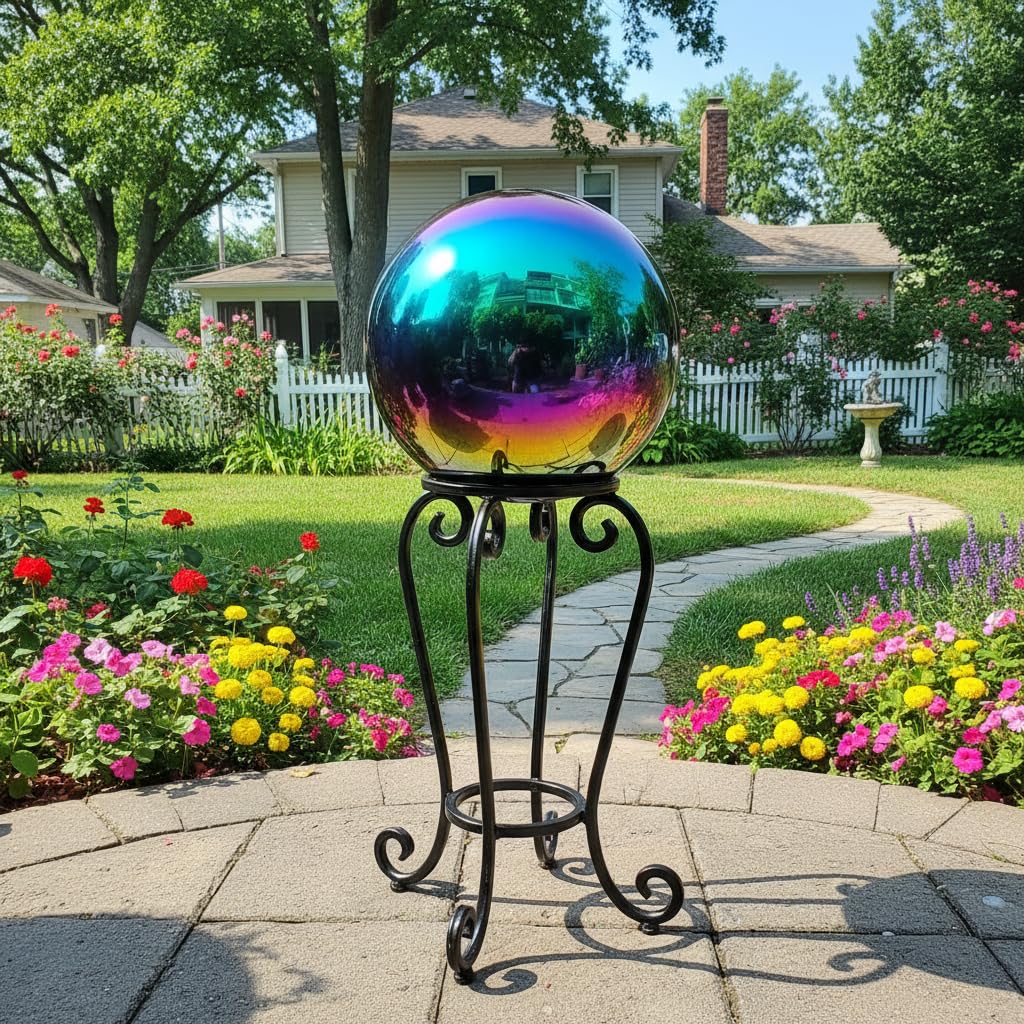 30 cm große Gartenkugel, Regenbogen-Edelstahl, poliert, reflektierend, glatt, hohl, Kugelkugel, langlebig, bunt und glänzend, Dekoration für Garten, Terrasse, Hof, Zuhause