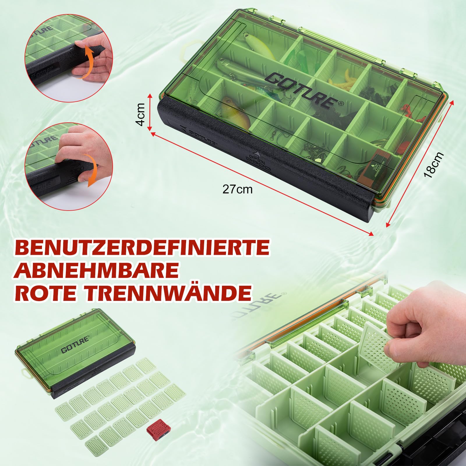 Goture Zaino da pesca con 4 scatole per esche da pesca, 45 litri, con due supporti per canna e parapioggia, in tessuto Oxford 900D, impermeabile, borsa per attrezzatura da pesca con scomparto
