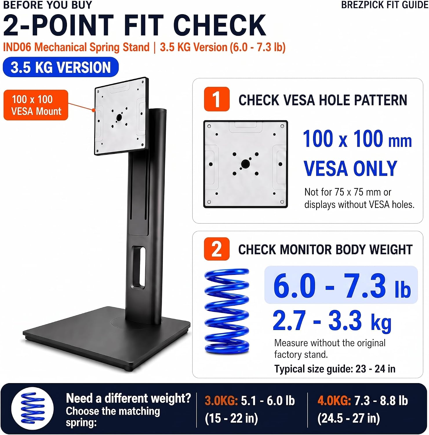 Adjustable Height VESA Monitor Stand, Spring Lift, 5.95-7.28 lb image 2