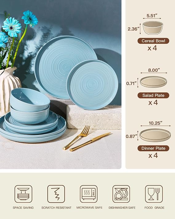 Ceramic Dinnerware Sets for 4, Plates and Bowls, Ice Blue