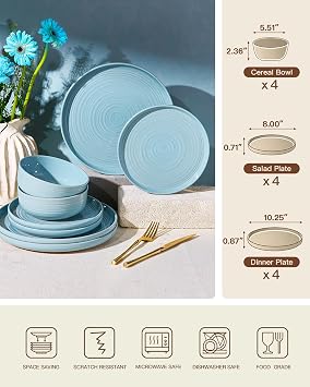 Ceramic Dinnerware Sets for 4, Plates and Bowls, Ice Blue