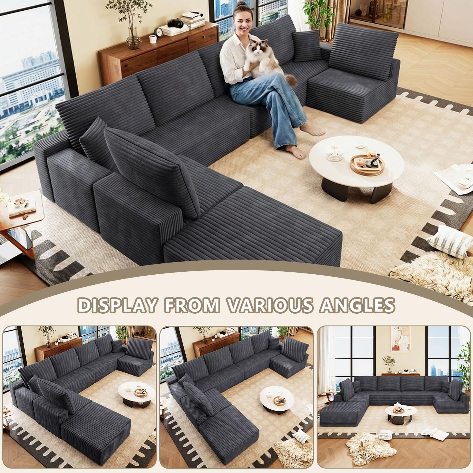 140.2 Cloud Sectional Couches for Living Room, Oversized Sectional Sofa with Ottoman, Modern Upholstered Deep Seat 7 Seater Large Boneless Couches for Apartment, Studio, Office, Dark Grey