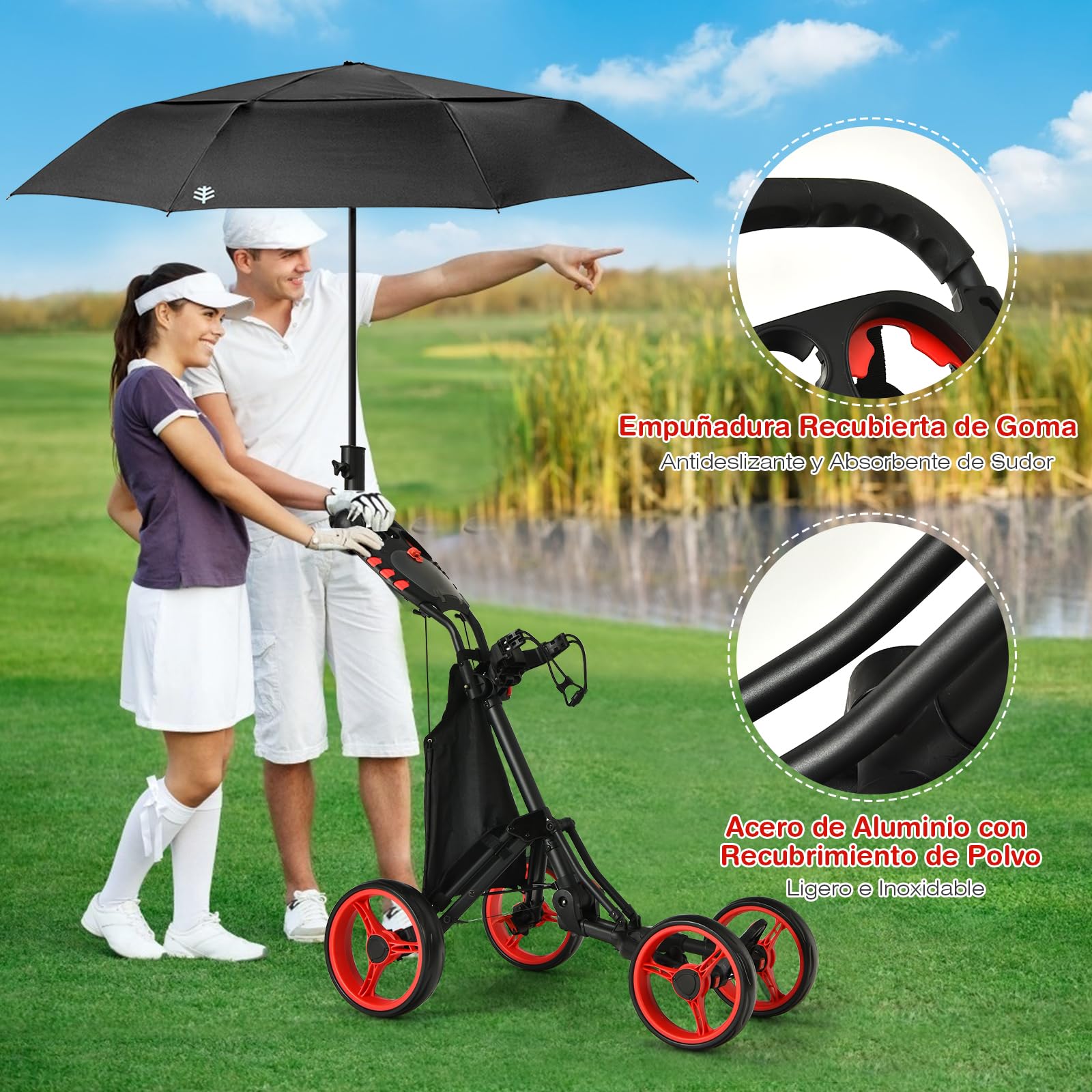 GYMAX Carrito de Golf Plegable de 4 Ruedas, Posiciones de Altura Ajustables, Ligero, con Soporte para Paraguas Ajustable, Bolsa Impermeable, Refrigerador Incorporado, Freno de Pie